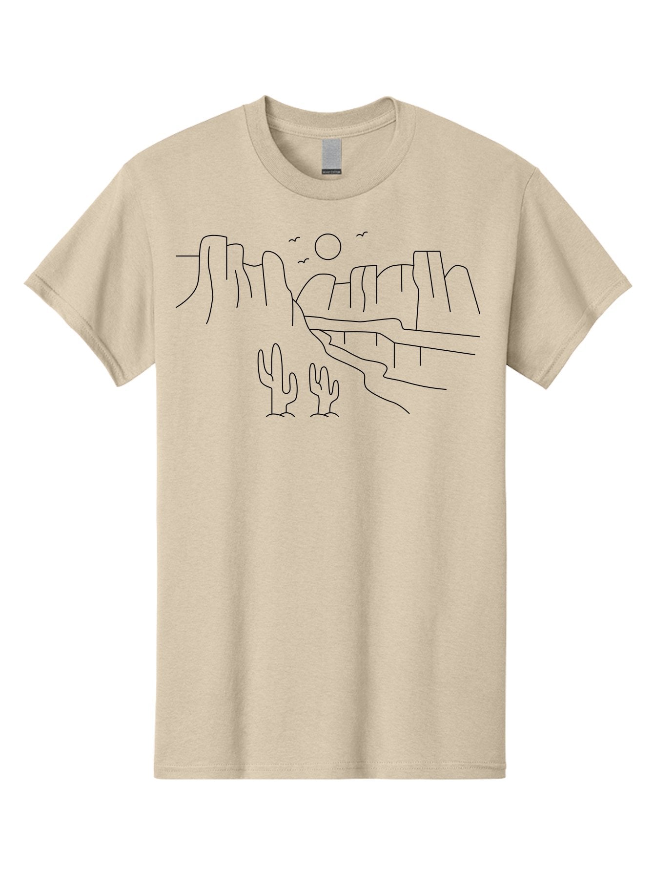 Desert-Scene Men'S Graphic Tee, 100% Cotton, Comfortable Casual Summer Wear, Machine Washable, Desert Landscape, Cacti, Rocky Cliffs, Birds Flying, Sun Shining, Simple Line Art, Minimalist Design, Outdoor Scenery, Natural Beauty -  Aaa185 29