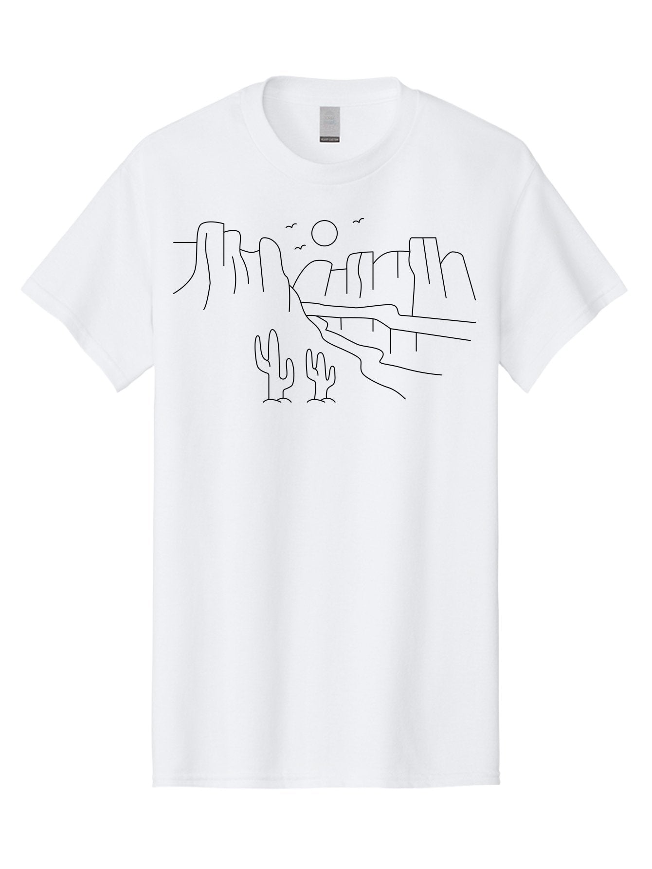 Desert-Scene Men'S Graphic Tee, 100% Cotton, Comfortable Casual Summer Wear, Machine Washable, Desert Landscape, Cacti, Rocky Cliffs, Birds Flying, Sun Shining, Simple Line Art, Minimalist Design, Outdoor Scenery, Natural Beauty -  Aaa185 23