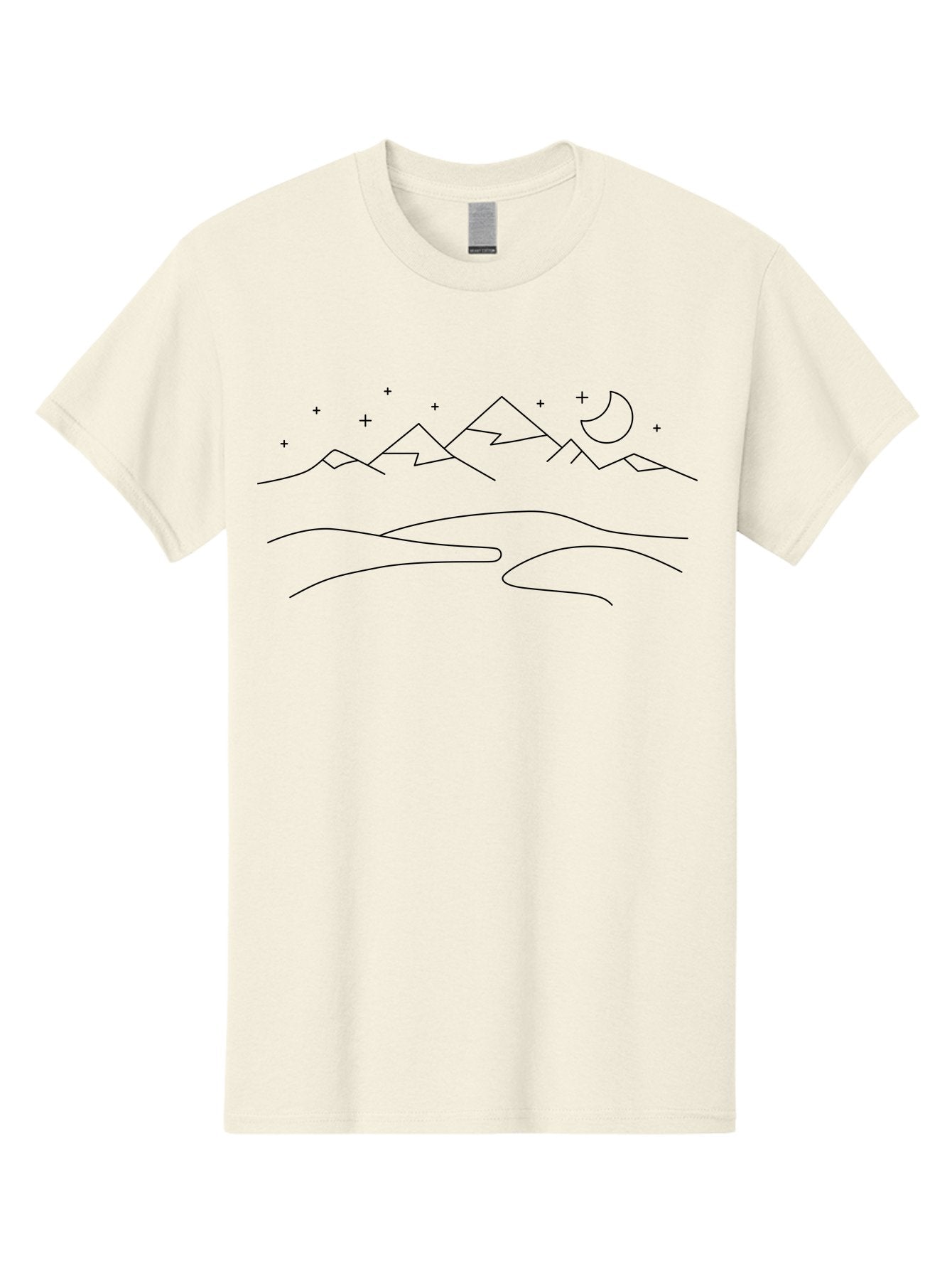 Mountain-Landscape-2 Men'S Graphic Tee, 100% Cotton, Comfortable Casual Summer Wear, Machine Washable, Mountain Range, Night Sky, Crescent Moon, Stars, Minimalist Design, Simple Art, Line Drawing, Peaceful Landscape, Serene Atmosphere -  Aaa197 7