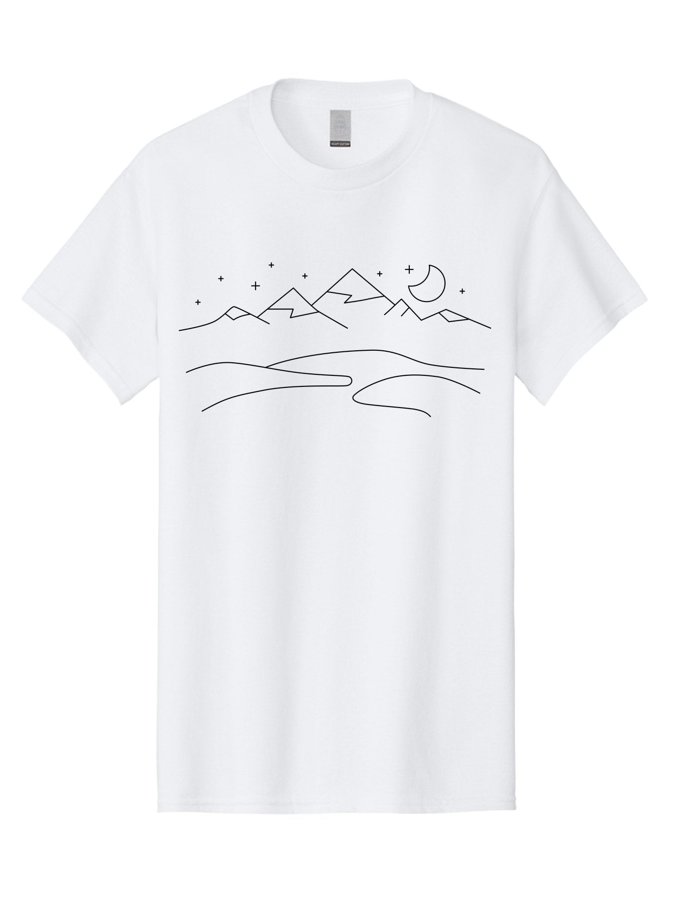 Mountain-Landscape-2 Men'S Graphic Tee, 100% Cotton, Comfortable Casual Summer Wear, Machine Washable, Mountain Range, Night Sky, Crescent Moon, Stars, Minimalist Design, Simple Art, Line Drawing, Peaceful Landscape, Serene Atmosphere -  Aaa197 9