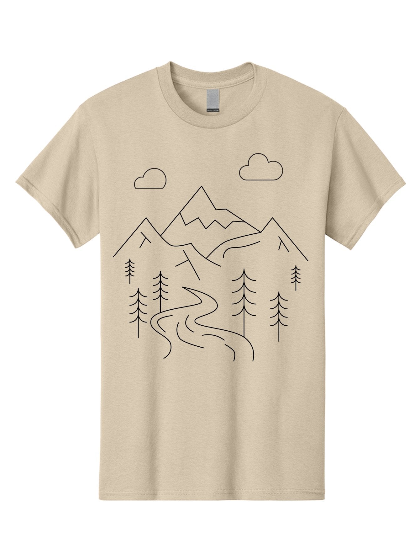 Mountains-And-Trees Men'S Graphic Tee, 100% Cotton, Comfortable Casual Summer Wear, Machine Washable, Mountain Range, Winding River, Pine Trees, Clouds, Serene Landscape, Minimalist Art, Simple Design, Nature Illustration -  Aaa200 11