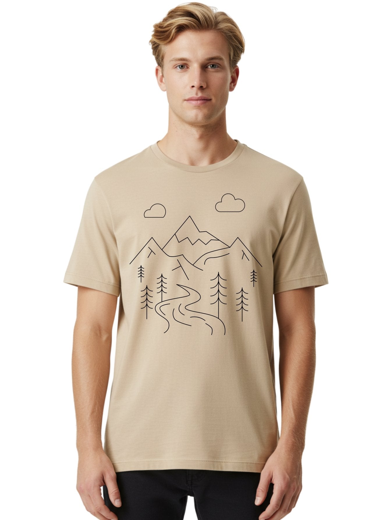 Mountains-And-Trees Men'S Graphic Tee, 100% Cotton, Comfortable Casual Summer Wear, Machine Washable, Mountain Range, Winding River, Pine Trees, Clouds, Serene Landscape, Minimalist Art, Simple Design, Nature Illustration -  Aaa200 12