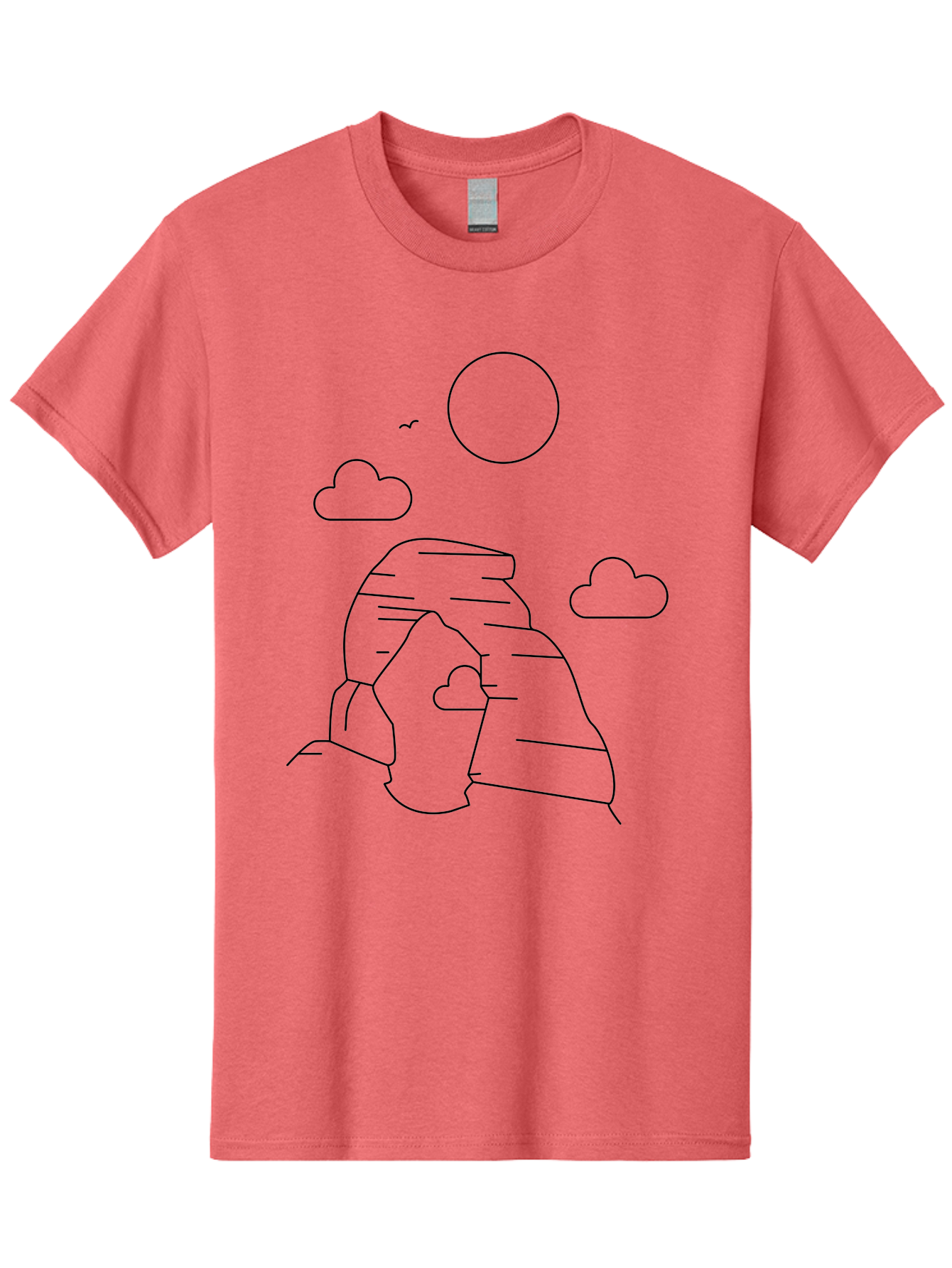 Rock-Formation Men'S Graphic Tee, 100% Cotton, Comfortable Casual Summer Wear, Machine Washable, Rocky Landscape, Minimalist Art, Simple Shapes, Whimsical Design, Clouds, Sun, Birds Flying, Serene Atmosphere, Modern Illustration, -  Aaa203