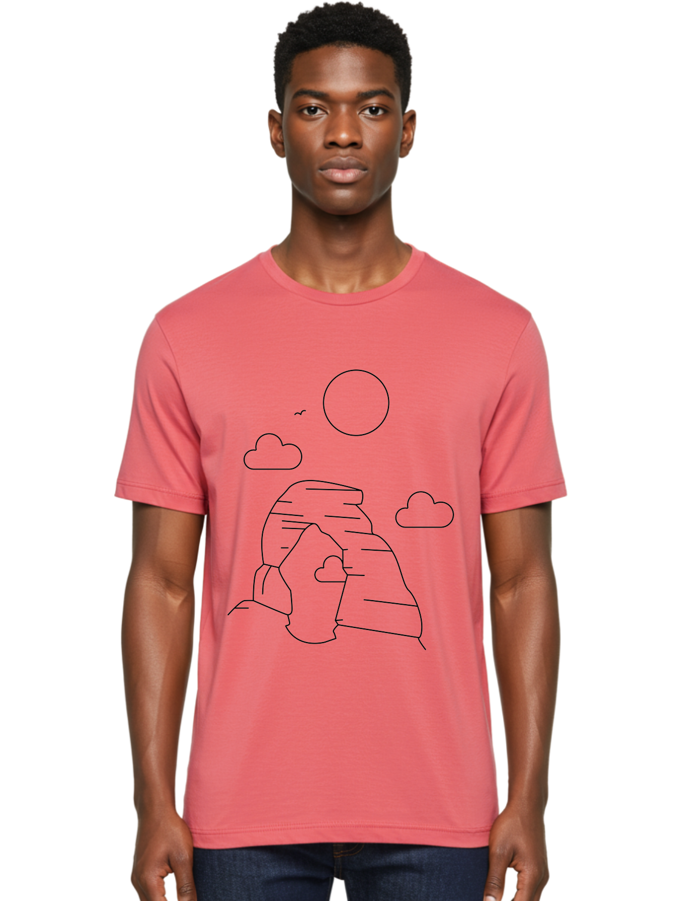Rock-Formation Men'S Graphic Tee, 100% Cotton, Comfortable Casual Summer Wear, Machine Washable, Rocky Landscape, Minimalist Art, Simple Shapes, Whimsical Design, Clouds, Sun, Birds Flying, Serene Atmosphere, Modern Illustration, -  Aaa203
