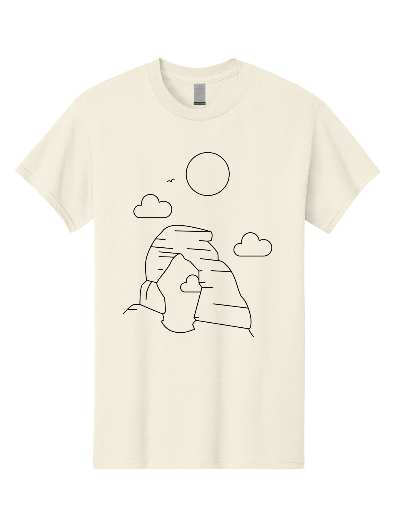Rock-Formation Men'S Graphic Tee, 100% Cotton, Comfortable Casual Summer Wear, Machine Washable, Rocky Landscape, Minimalist Art, Simple Shapes, Whimsical Design, Clouds, Sun, Birds Flying, Serene Atmosphere, Modern Illustration, -  Aaa203 27