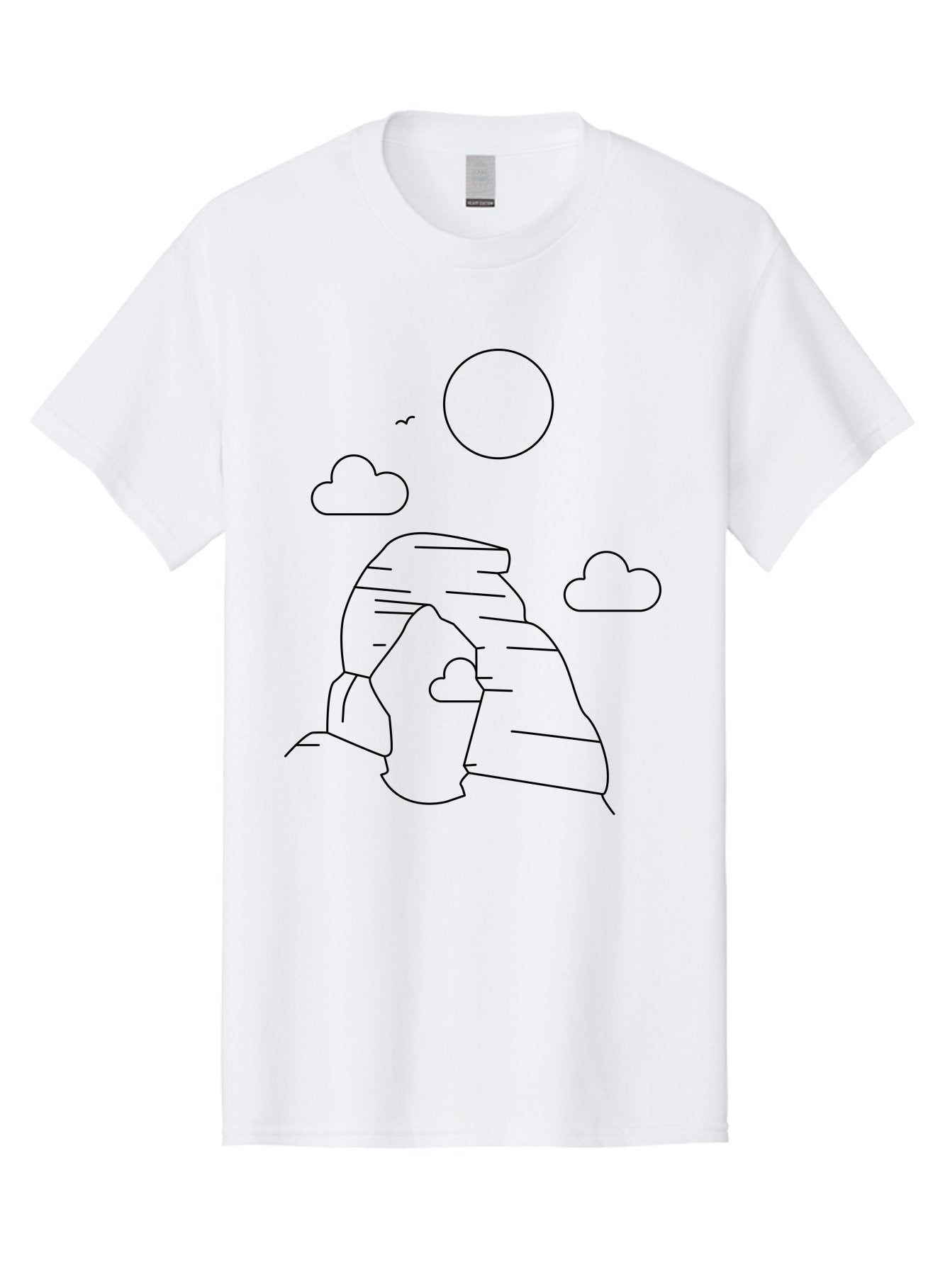 Rock-Formation Men'S Graphic Tee, 100% Cotton, Comfortable Casual Summer Wear, Machine Washable, Rocky Landscape, Minimalist Art, Simple Shapes, Whimsical Design, Clouds, Sun, Birds Flying, Serene Atmosphere, Modern Illustration, -  Aaa203 21