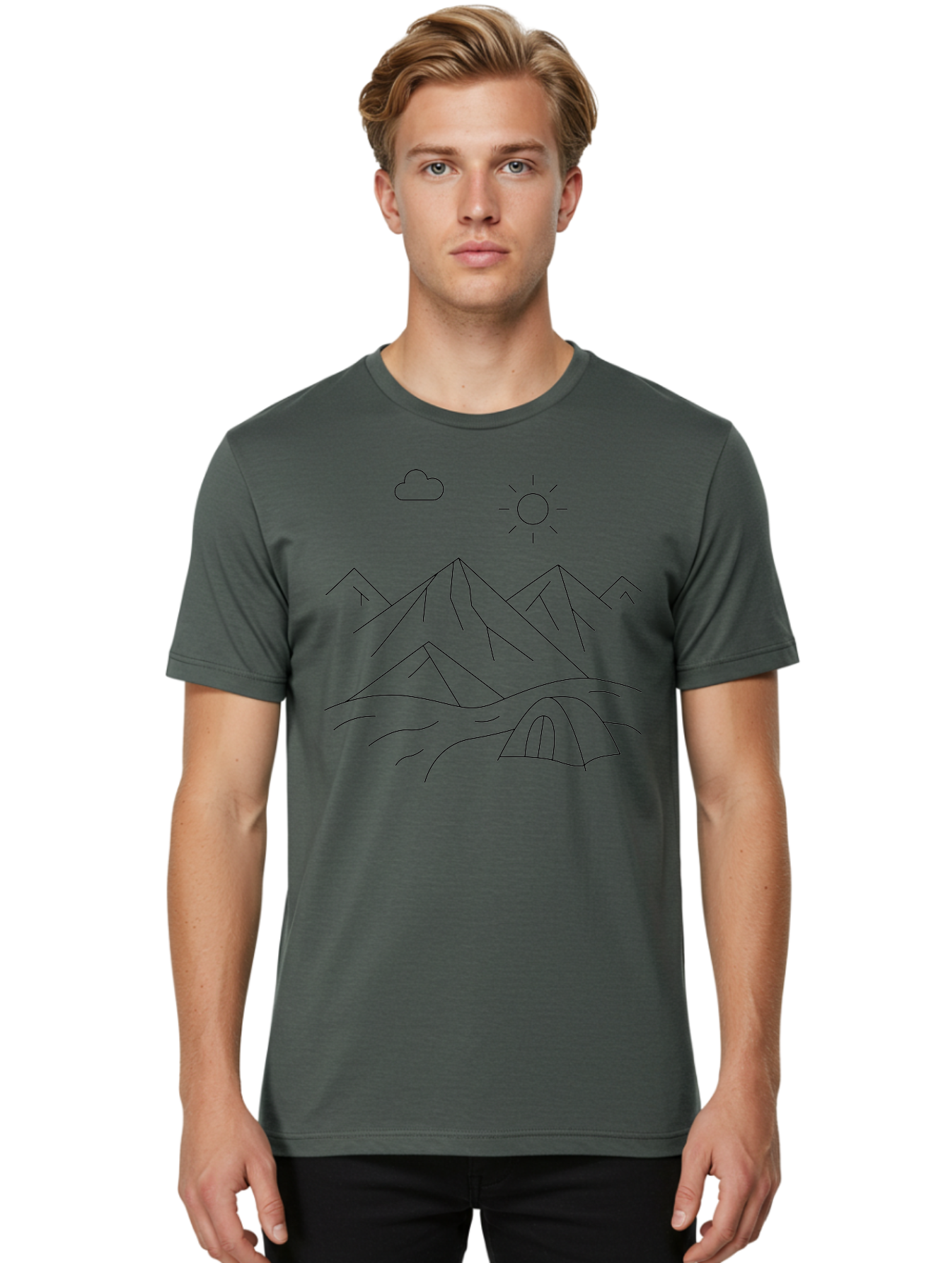 Tent-And-Mountain Men'S Graphic Tee, 100% Cotton, Comfortable Casual Summer Wear, Machine Washable, Mountain Landscape, Simple Line Art, Serene Atmosphere, Tent, Sun, Cloud, Minimalist Design, Outdoor Scenery, Natural Beauty, Camping -  Aaa215 24
