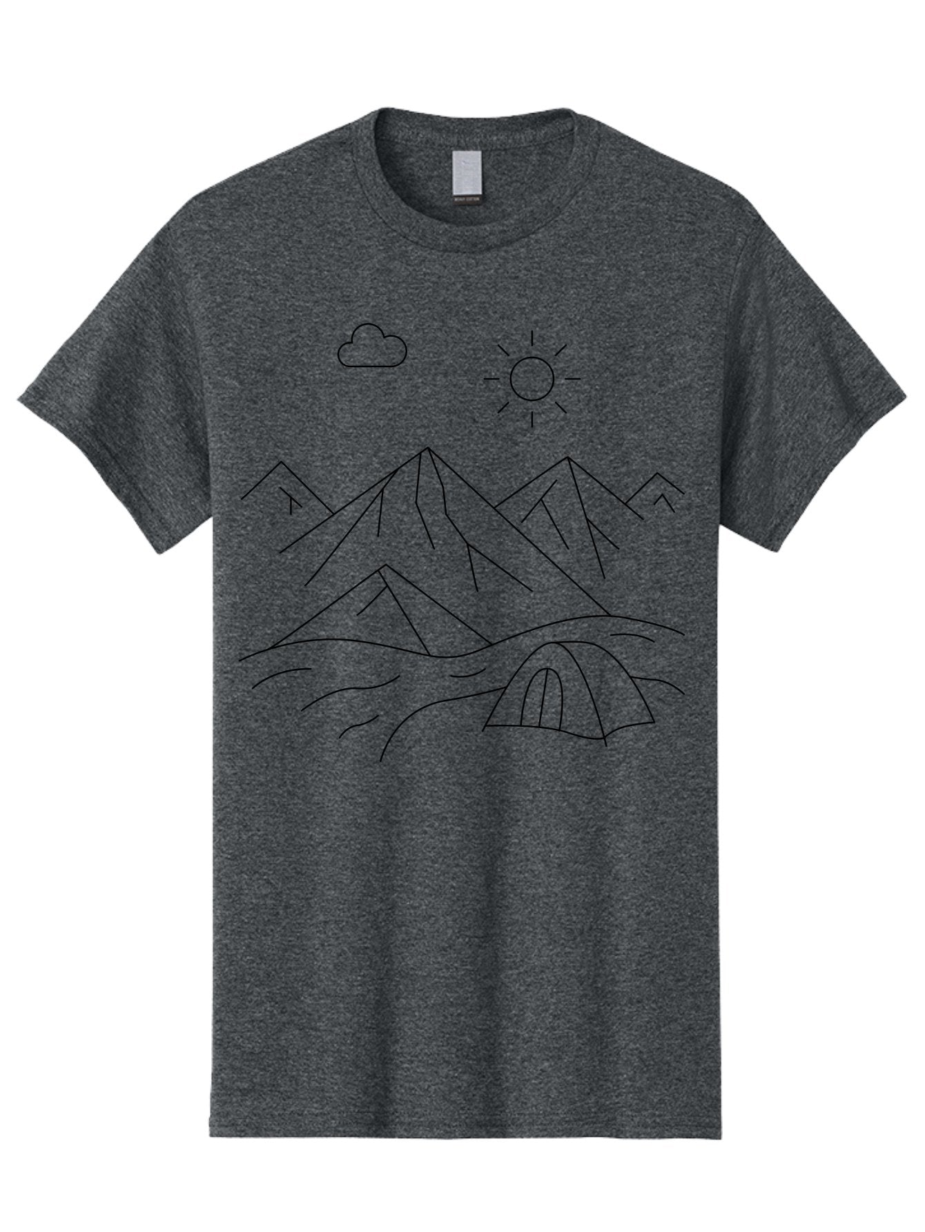 Tent-And-Mountain Men'S Graphic Tee, 100% Cotton, Comfortable Casual Summer Wear, Machine Washable, Mountain Landscape, Simple Line Art, Serene Atmosphere, Tent, Sun, Cloud, Minimalist Design, Outdoor Scenery, Natural Beauty, Camping -  Aaa215 7
