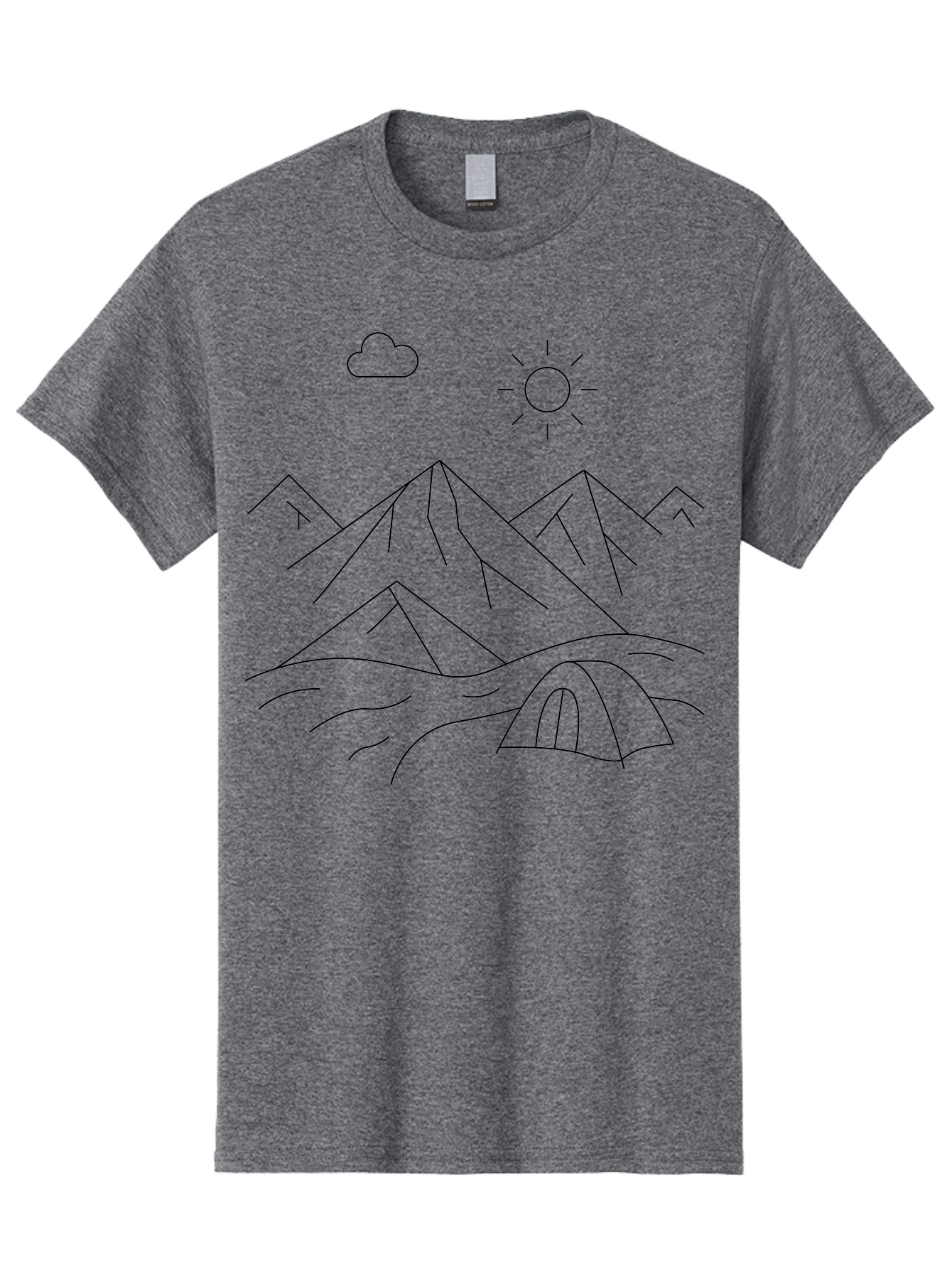 Tent-And-Mountain Men'S Graphic Tee, 100% Cotton, Comfortable Casual Summer Wear, Machine Washable, Mountain Landscape, Simple Line Art, Serene Atmosphere, Tent, Sun, Cloud, Minimalist Design, Outdoor Scenery, Natural Beauty, Camping -  Aaa215 25
