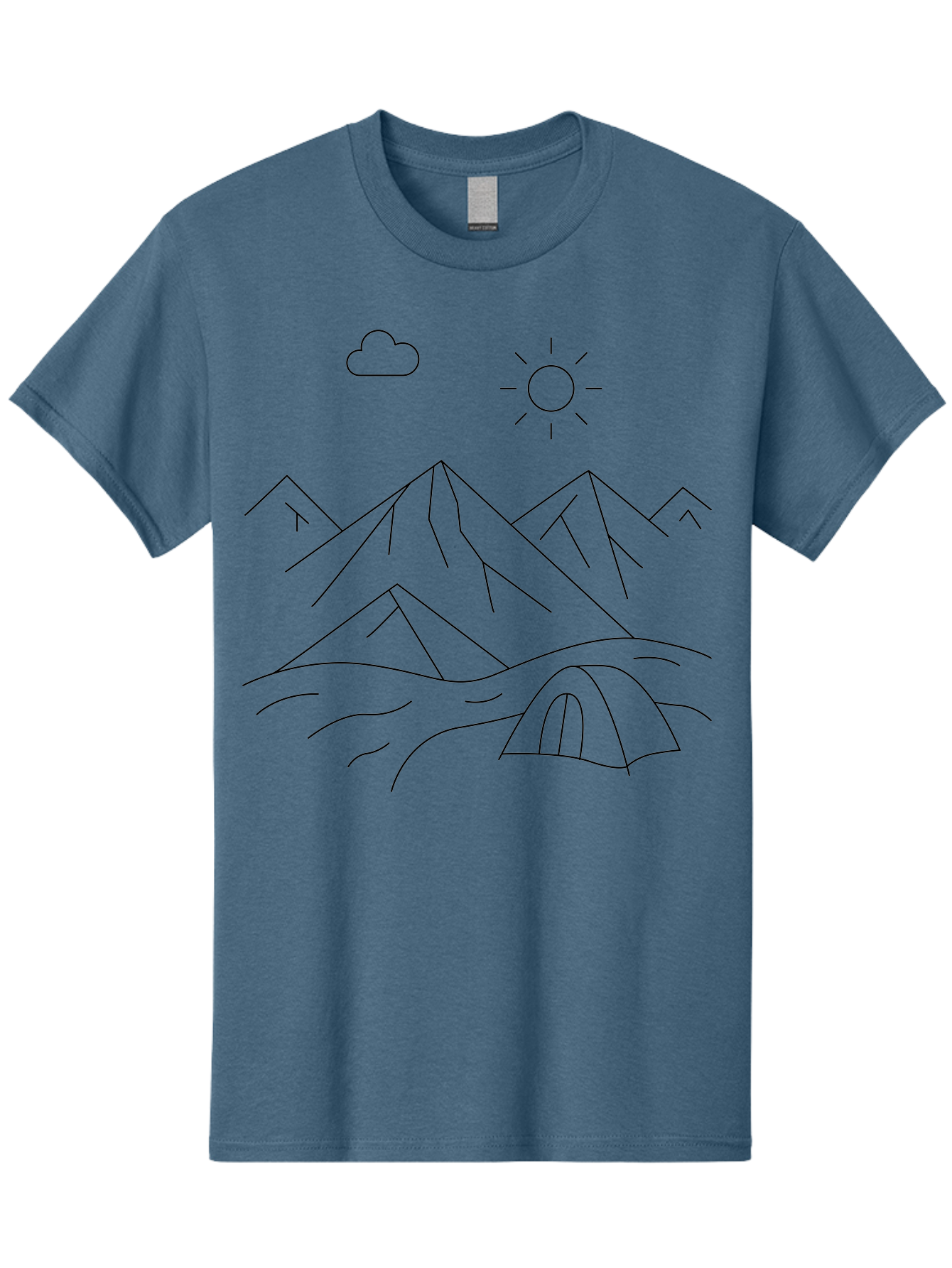 Tent-And-Mountain Men'S Graphic Tee, 100% Cotton, Comfortable Casual Summer Wear, Machine Washable, Mountain Landscape, Simple Line Art, Serene Atmosphere, Tent, Sun, Cloud, Minimalist Design, Outdoor Scenery, Natural Beauty, Camping -  Aaa215 21