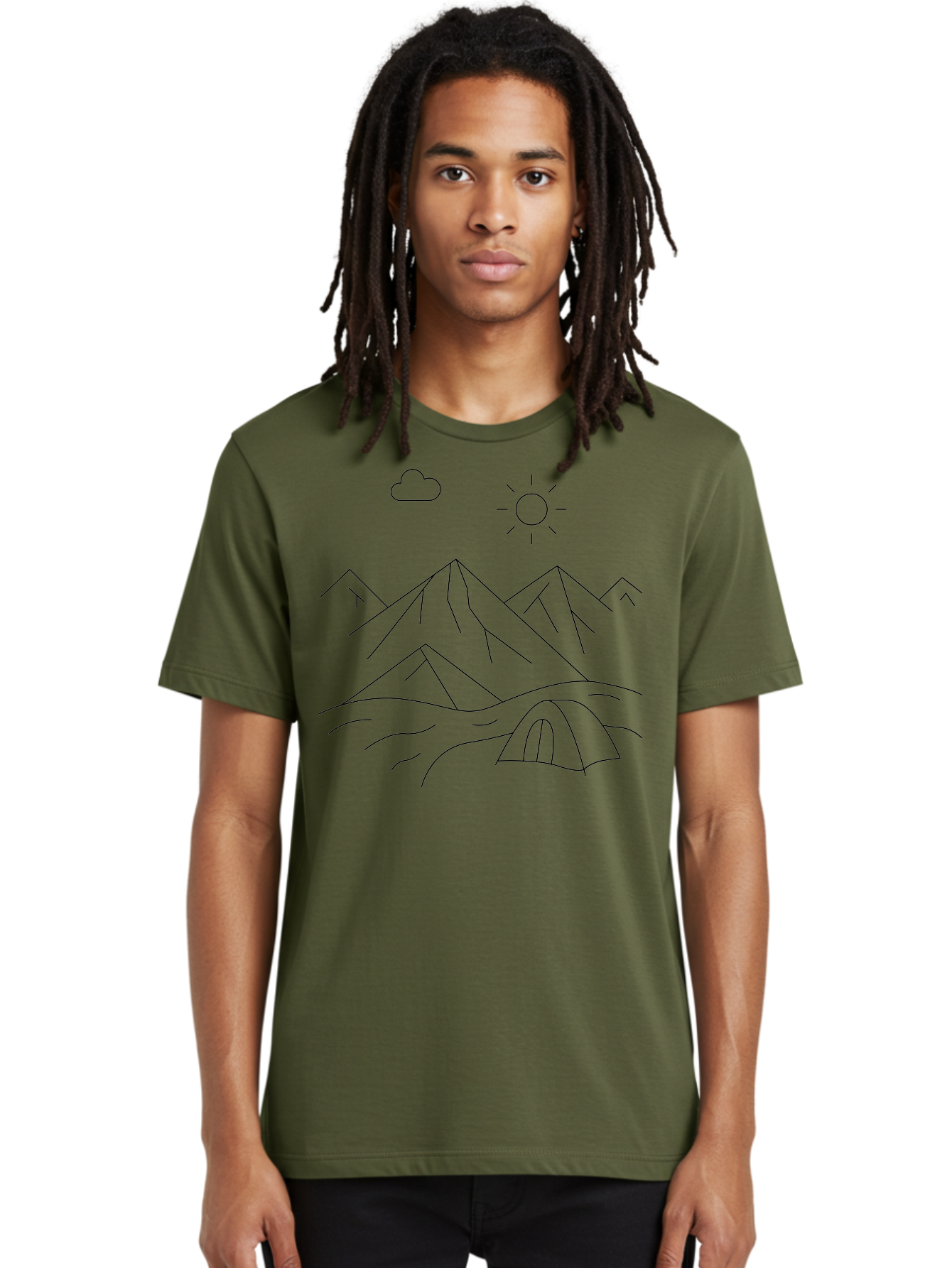 Tent-And-Mountain Men'S Graphic Tee, 100% Cotton, Comfortable Casual Summer Wear, Machine Washable, Mountain Landscape, Simple Line Art, Serene Atmosphere, Tent, Sun, Cloud, Minimalist Design, Outdoor Scenery, Natural Beauty, Camping -  Aaa215 28