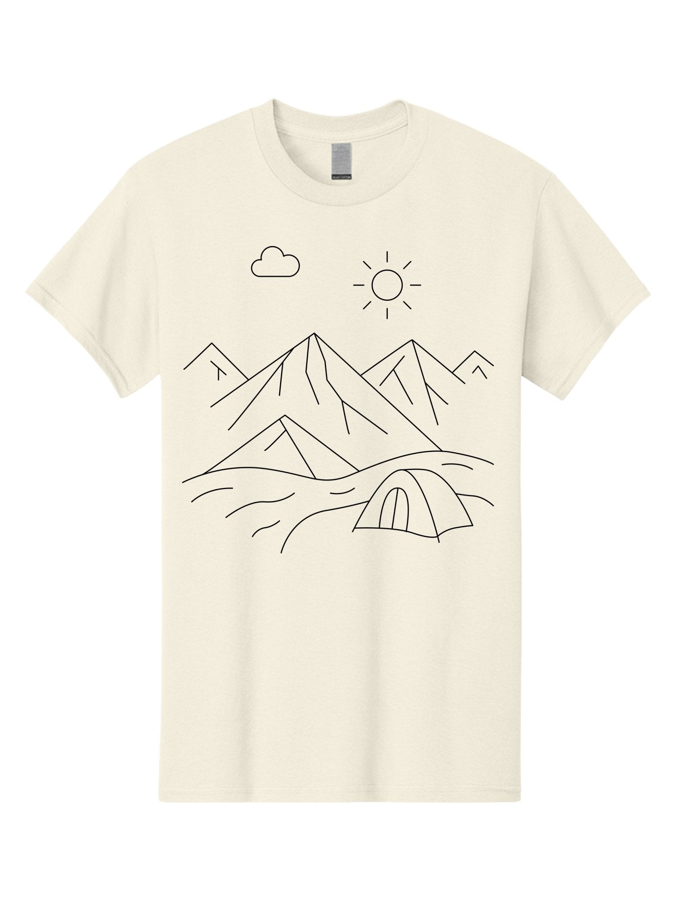 Tent-And-Mountain Men'S Graphic Tee, 100% Cotton, Comfortable Casual Summer Wear, Machine Washable, Mountain Landscape, Simple Line Art, Serene Atmosphere, Tent, Sun, Cloud, Minimalist Design, Outdoor Scenery, Natural Beauty, Camping -  Aaa215 15