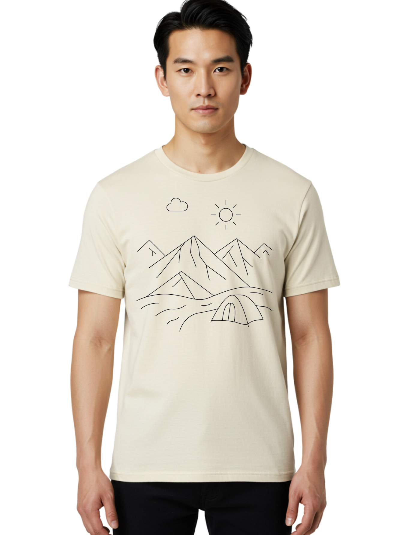 Tent-And-Mountain Men'S Graphic Tee, 100% Cotton, Comfortable Casual Summer Wear, Machine Washable, Mountain Landscape, Simple Line Art, Serene Atmosphere, Tent, Sun, Cloud, Minimalist Design, Outdoor Scenery, Natural Beauty, Camping -  Aaa215 16