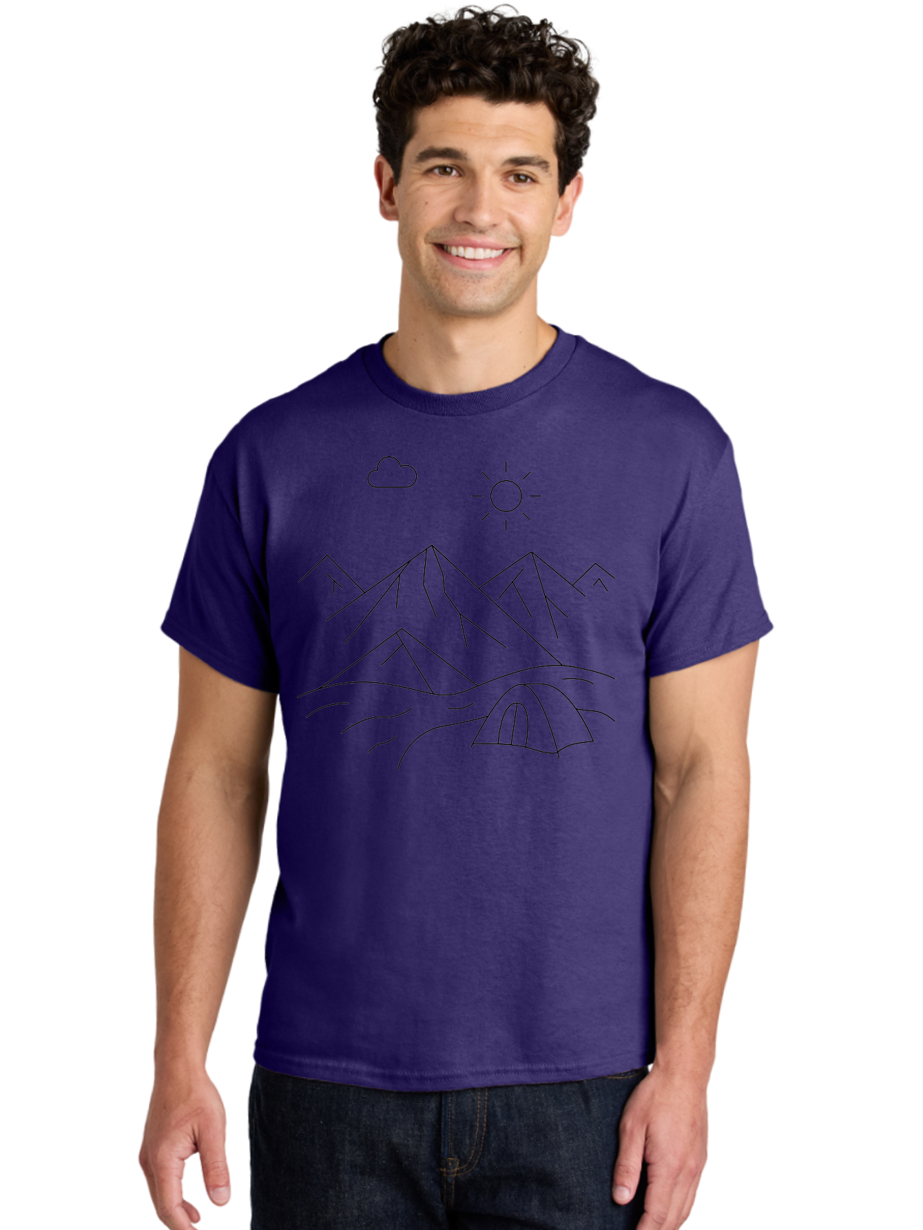 Tent-And-Mountain Men'S Graphic Tee, 100% Cotton, Comfortable Casual Summer Wear, Machine Washable, Mountain Landscape, Simple Line Art, Serene Atmosphere, Tent, Sun, Cloud, Minimalist Design, Outdoor Scenery, Natural Beauty, Camping -  Aaa215