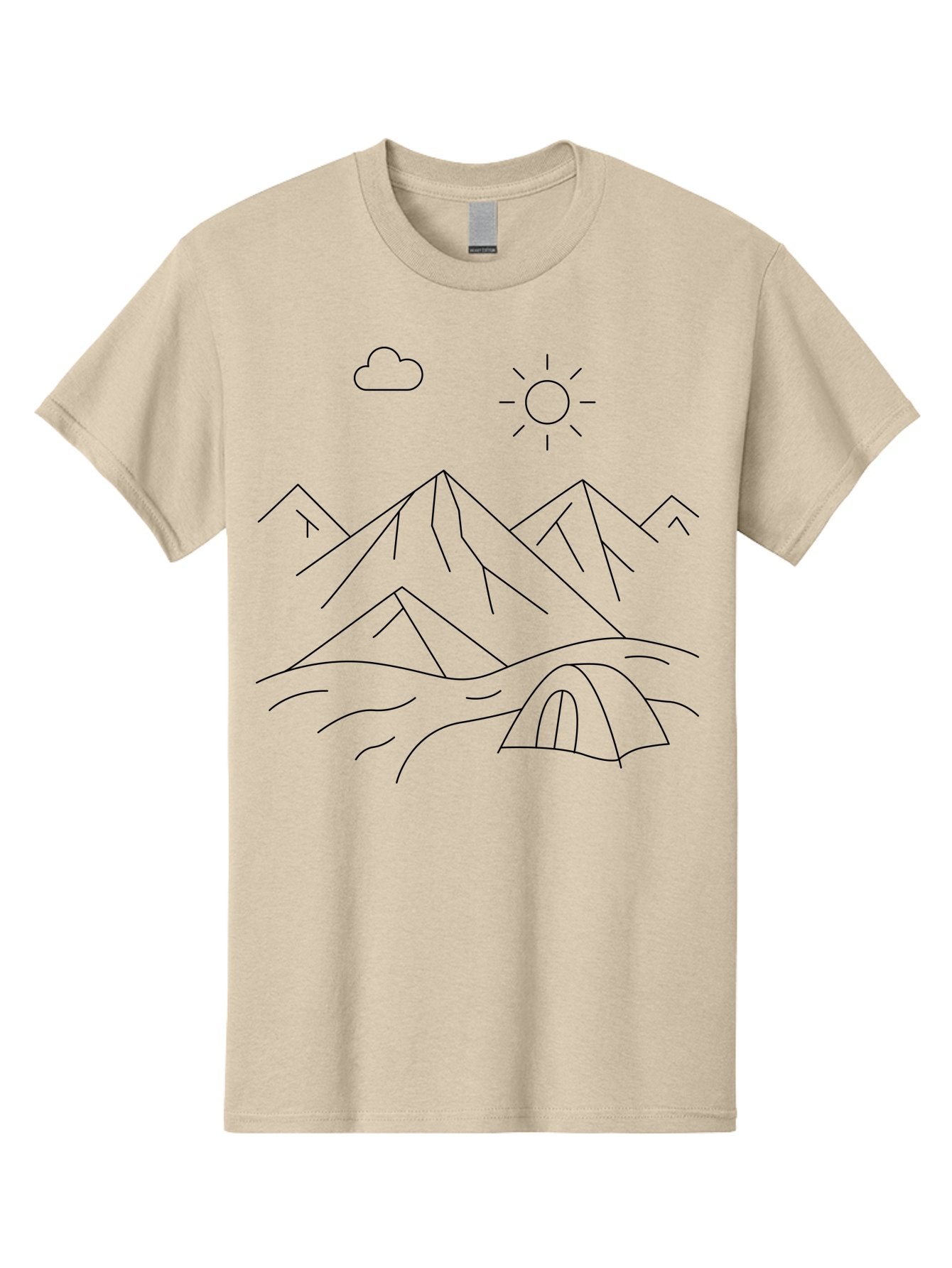 Tent-And-Mountain Men'S Graphic Tee, 100% Cotton, Comfortable Casual Summer Wear, Machine Washable, Mountain Landscape, Simple Line Art, Serene Atmosphere, Tent, Sun, Cloud, Minimalist Design, Outdoor Scenery, Natural Beauty, Camping -  Aaa215 27