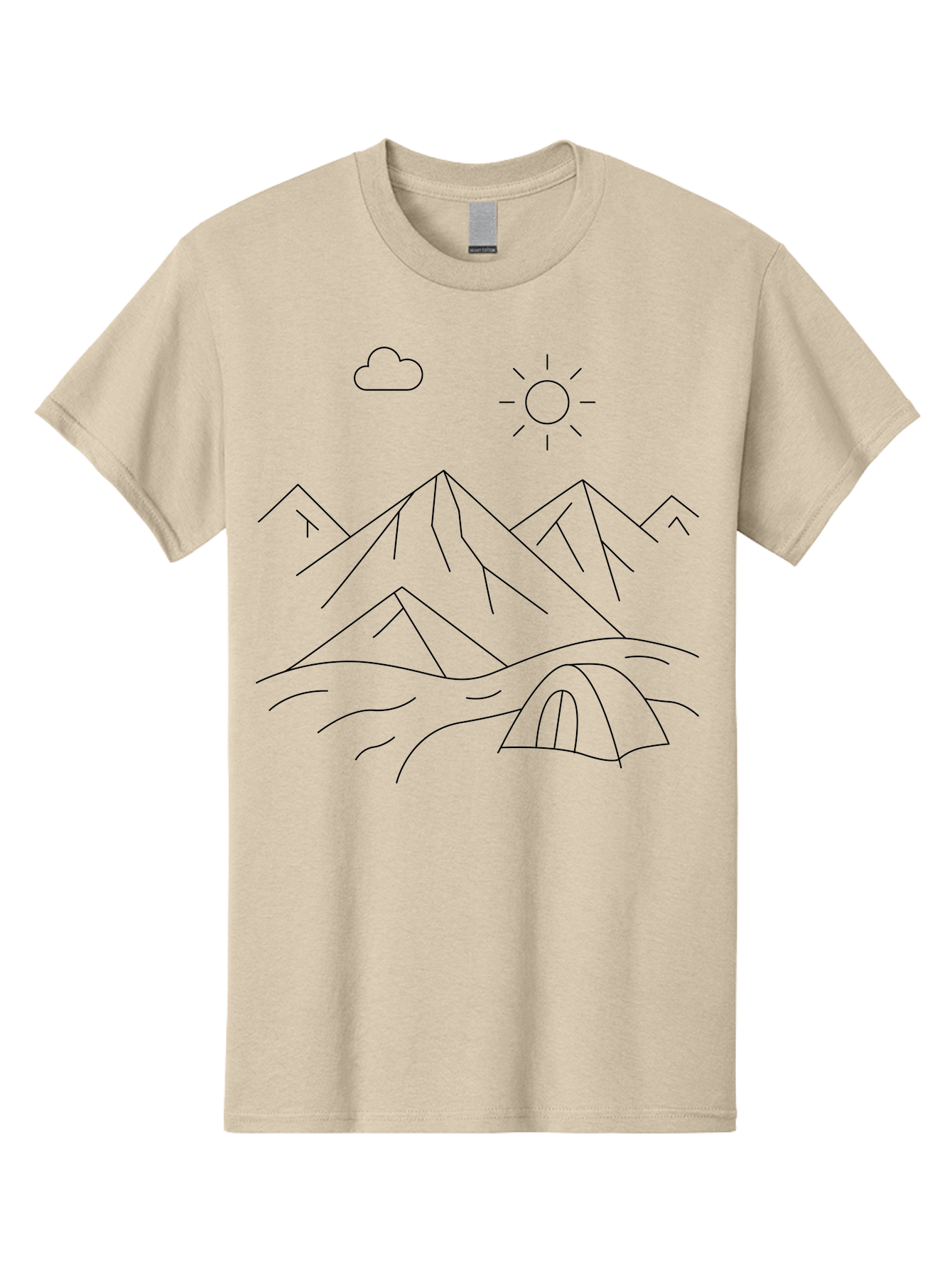 Tent-And-Mountain Men'S Graphic Tee, 100% Cotton, Comfortable Casual Summer Wear, Machine Washable, Mountain Landscape, Simple Line Art, Serene Atmosphere, Tent, Sun, Cloud, Minimalist Design, Outdoor Scenery, Natural Beauty, Camping -  Aaa215 11