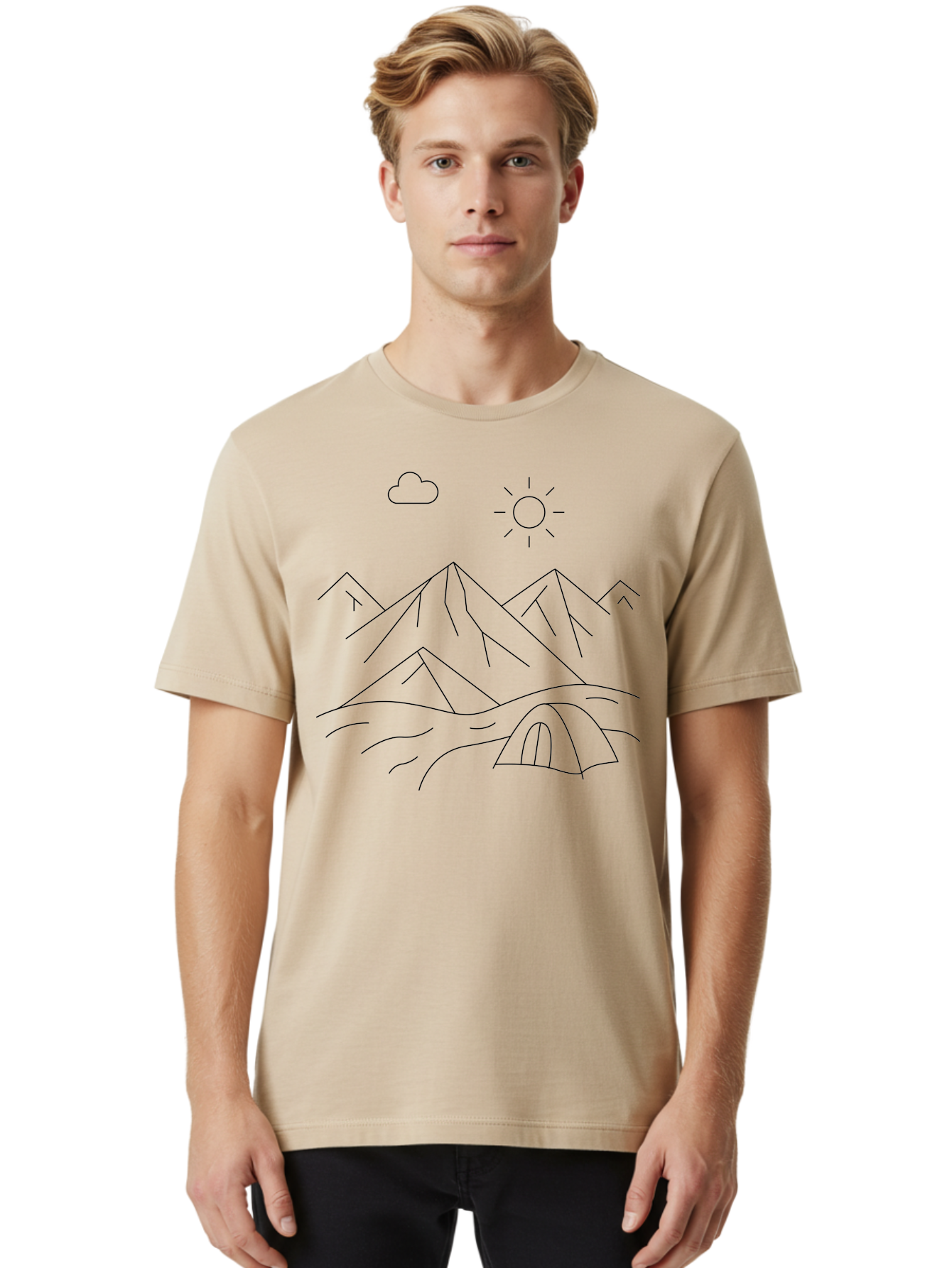 Tent-And-Mountain Men'S Graphic Tee, 100% Cotton, Comfortable Casual Summer Wear, Machine Washable, Mountain Landscape, Simple Line Art, Serene Atmosphere, Tent, Sun, Cloud, Minimalist Design, Outdoor Scenery, Natural Beauty, Camping -  Aaa215 12