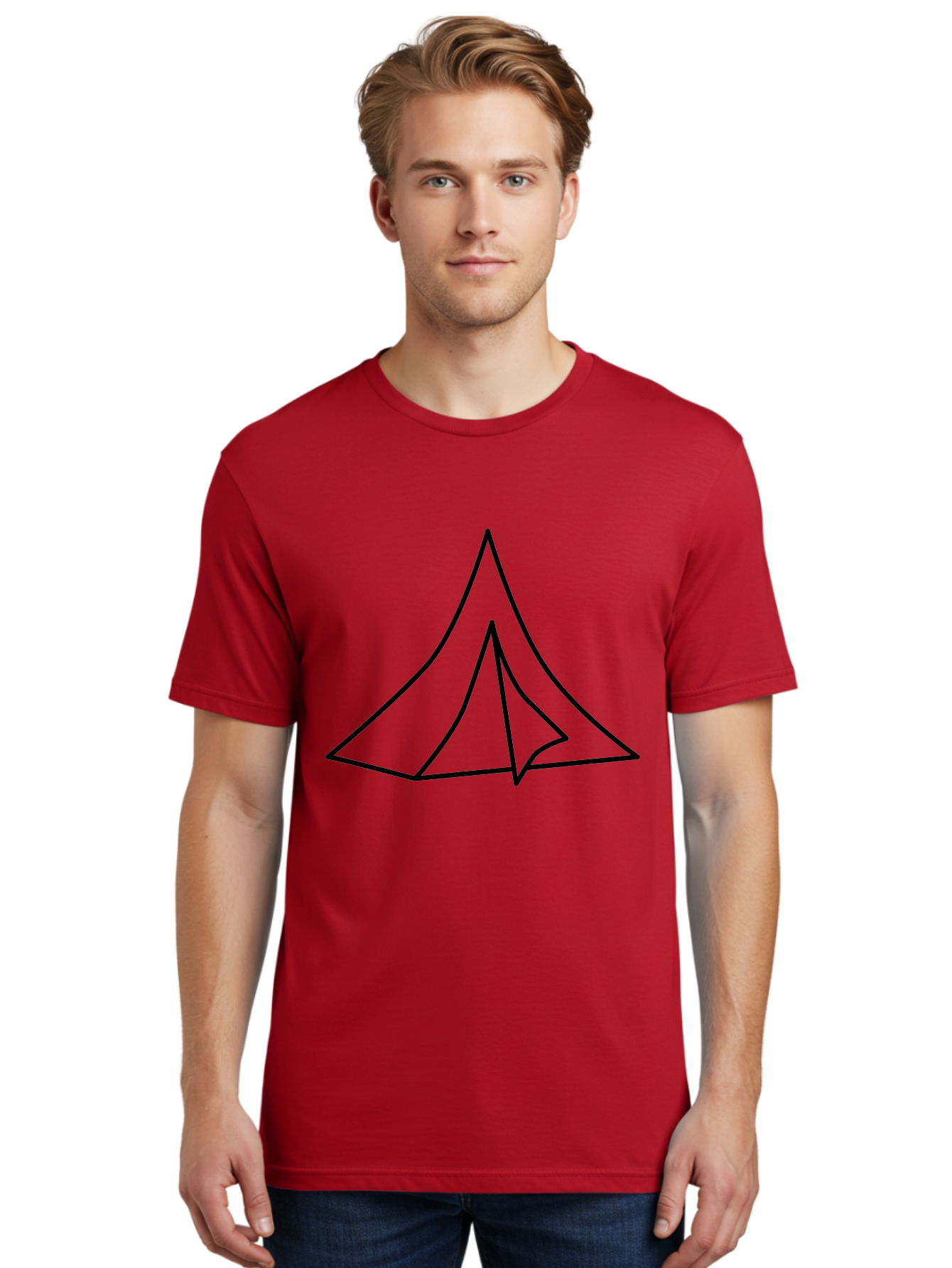 Tent Men'S Graphic Tee, 100% Cotton, Comfortable Casual Summer Wear, Machine Washable, Simple Tent Illustration, Camping Symbol, Minimalist Design, Black Outline, Geometric Shapes, Triangular Form, Outdoor Adventure -  Aaa218