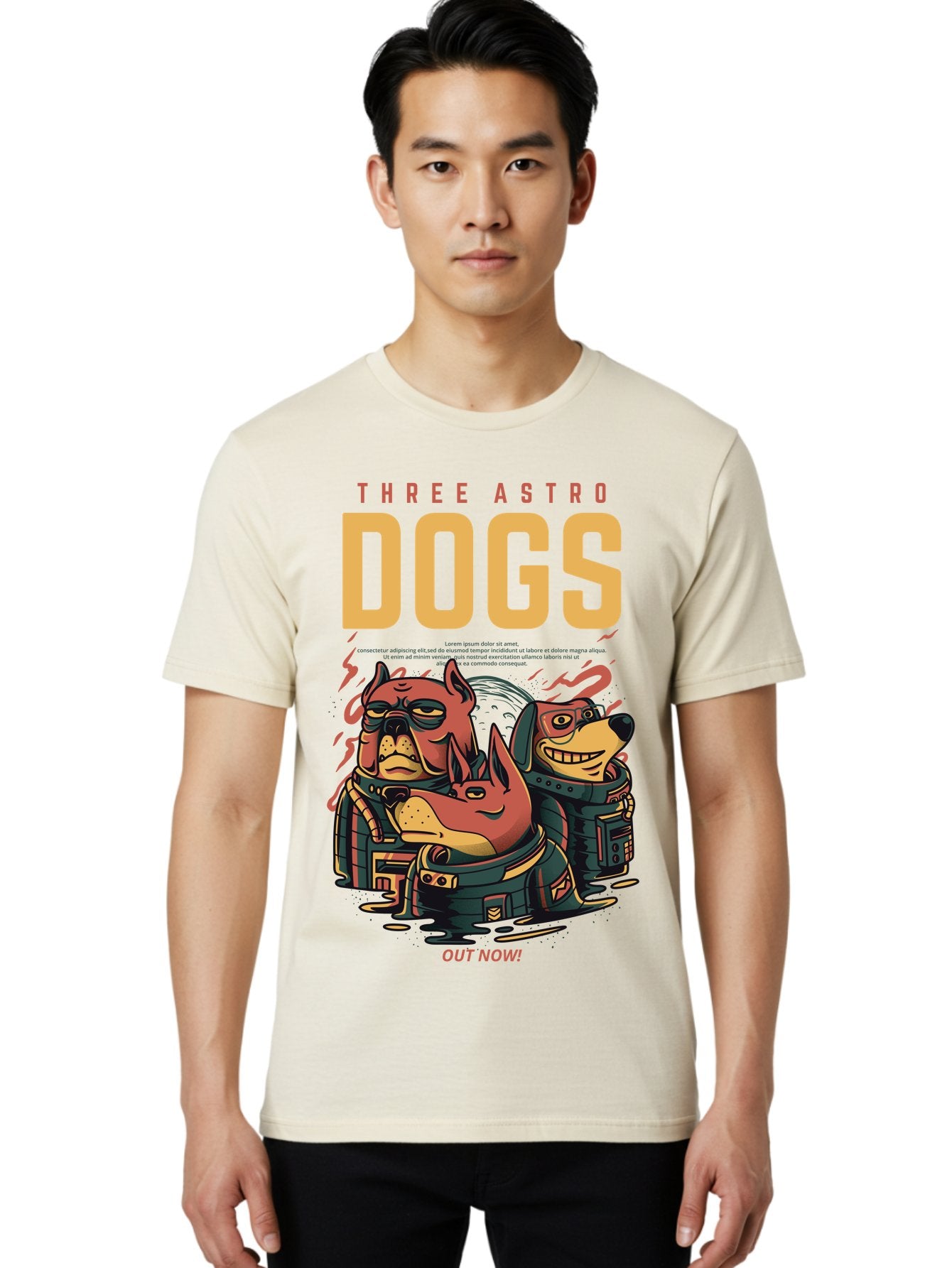 Three-Astronaut-Dogs Men'S Graphic Tee, 100% Cotton, Comfortable Casual Summer Wear, Machine Washable, Astronaut Dogs, Cartoon Characters, Space Adventure, Futuristic Artwork, Robotic Suits, Dog Illustrations, Retro-Futuristic Style, -  Aaa231