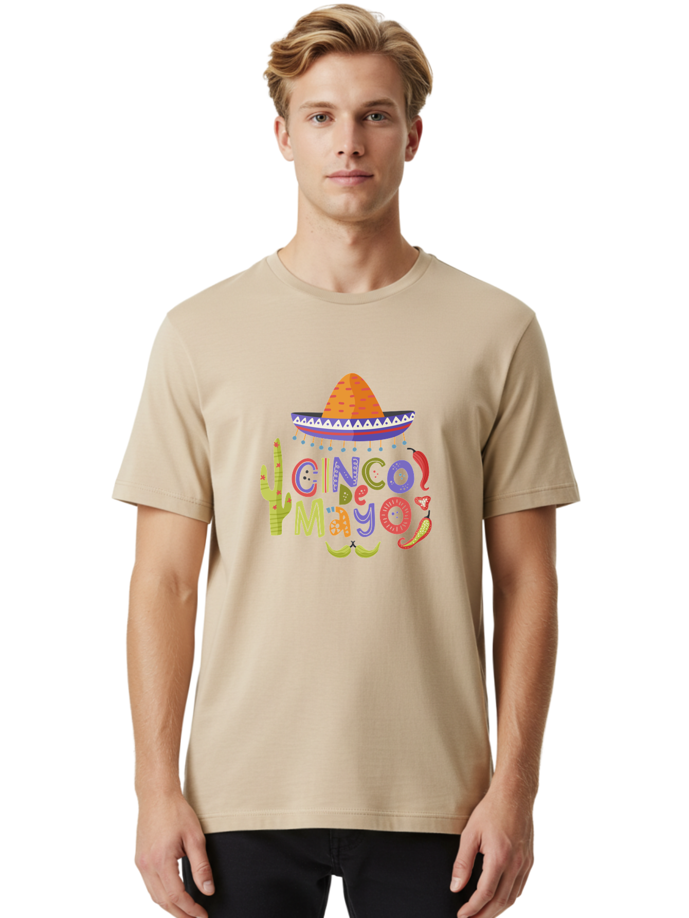 Cinco-De-Mayo-2 Men'S Graphic Tee, 100% Cotton, Comfortable Casual Summer Wear, Machine Washable, Cinco De Mayo, Mexican Holiday, Festive Celebration, Colorful Sombrero, Cactus, Chili Peppers, Vibrant Colors, Fiesta Theme, Party Decoration, -  Aaa234