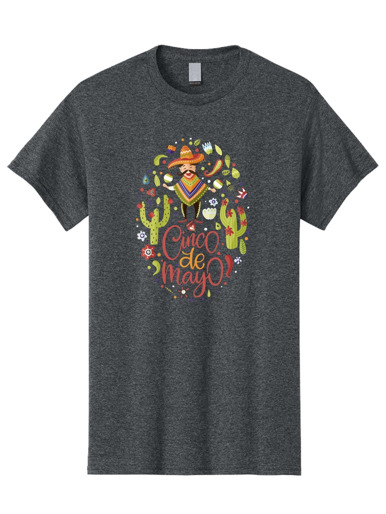 Cinco-De-Mayo Men'S Graphic Tee, 100% Cotton, Comfortable Casual Summer Wear, Machine Washable, Mexican Man, Sombrero, Poncho, Mustache, Maracas, Cacti, Flowers, Butterflies, Birds, Festive Atmosphere, Latin Culture, Holiday Celebration, -  Aaa240