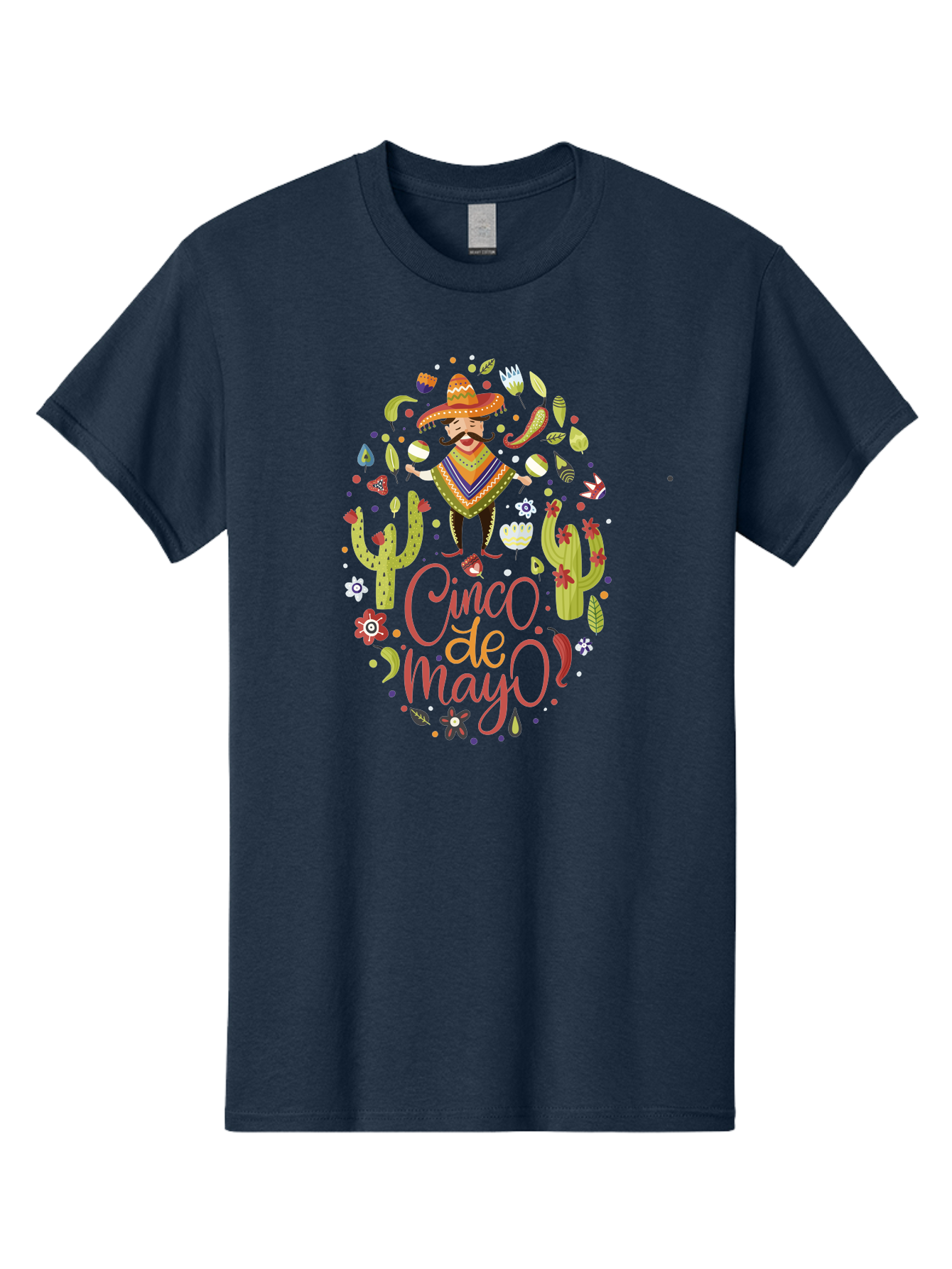 Cinco-De-Mayo Men'S Graphic Tee, 100% Cotton, Comfortable Casual Summer Wear, Machine Washable, Mexican Man, Sombrero, Poncho, Mustache, Maracas, Cacti, Flowers, Butterflies, Birds, Festive Atmosphere, Latin Culture, Holiday Celebration, -  Aaa240
