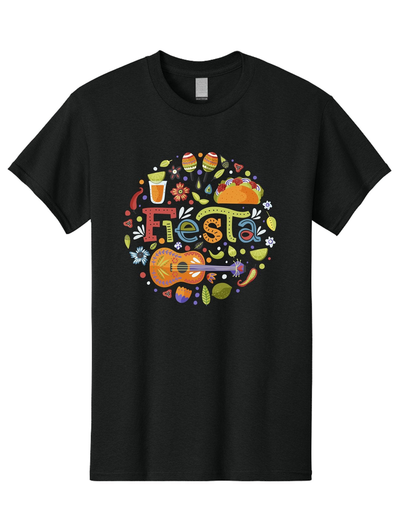 Festa Men'S Graphic Tee, 100% Cotton, Comfortable Casual Summer Wear, Machine Washable, Festival Vibes, Colorful Illustration, Mexican Food, Drinks, Flowers, Guitar, Maracas, Lively Celebration, Vibrant Colors, Festive Atmosphere, Party, -  Aaa242 23