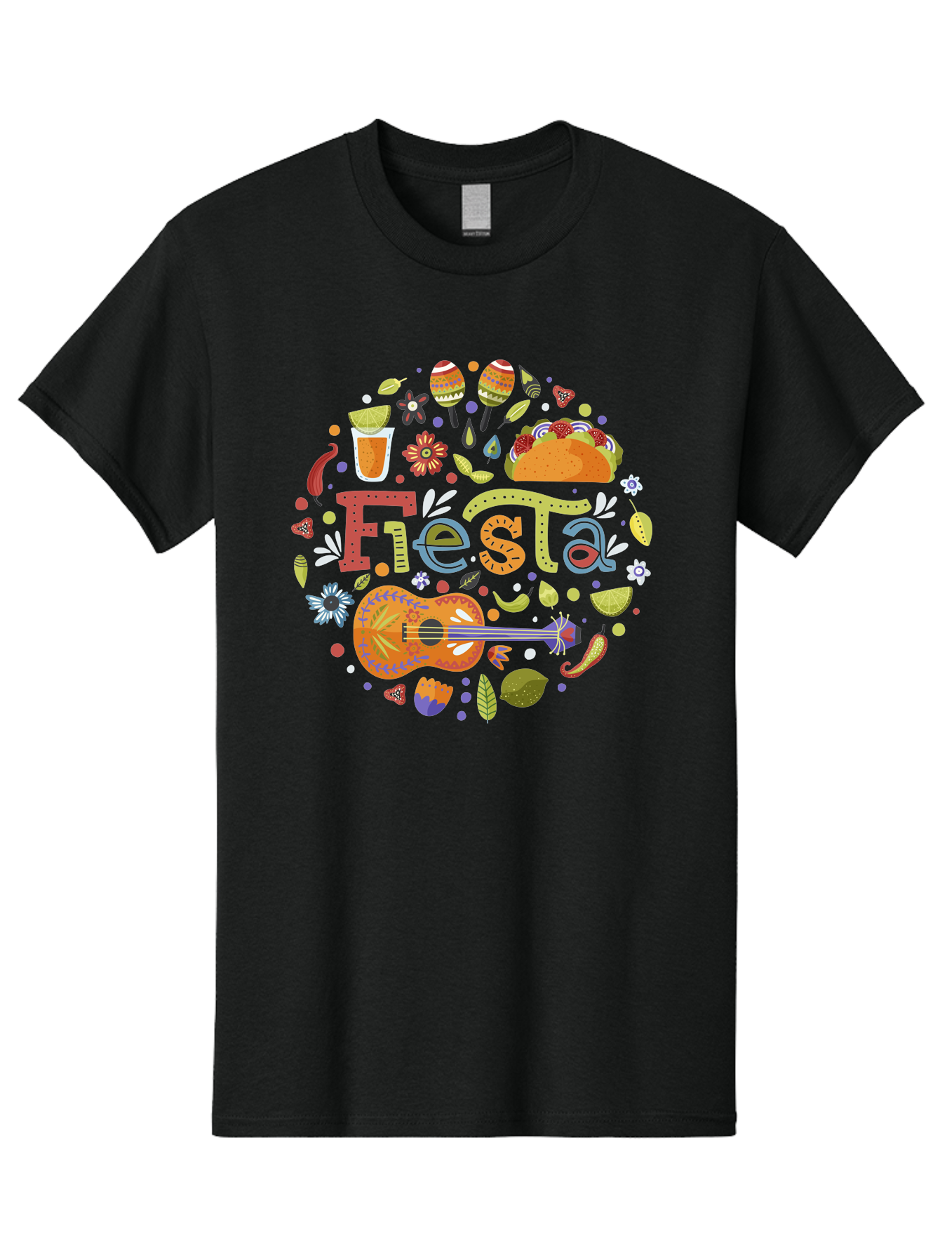 Festa Men'S Graphic Tee, 100% Cotton, Comfortable Casual Summer Wear, Machine Washable, Festival Vibes, Colorful Illustration, Mexican Food, Drinks, Flowers, Guitar, Maracas, Lively Celebration, Vibrant Colors, Festive Atmosphere, Party, -  Aaa242 15