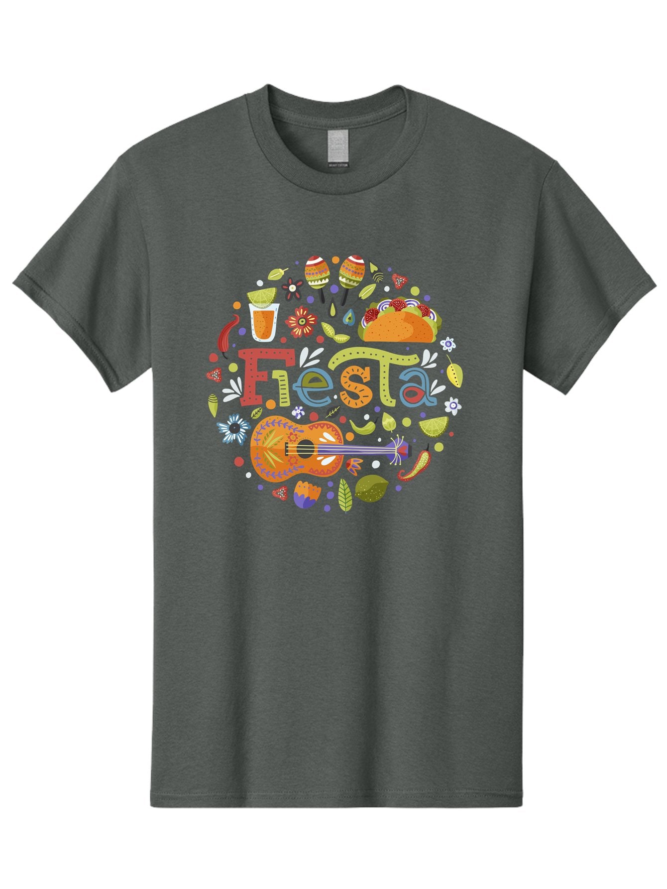 Festa Men'S Graphic Tee, 100% Cotton, Comfortable Casual Summer Wear, Machine Washable, Festival Vibes, Colorful Illustration, Mexican Food, Drinks, Flowers, Guitar, Maracas, Lively Celebration, Vibrant Colors, Festive Atmosphere, Party, -  Aaa242