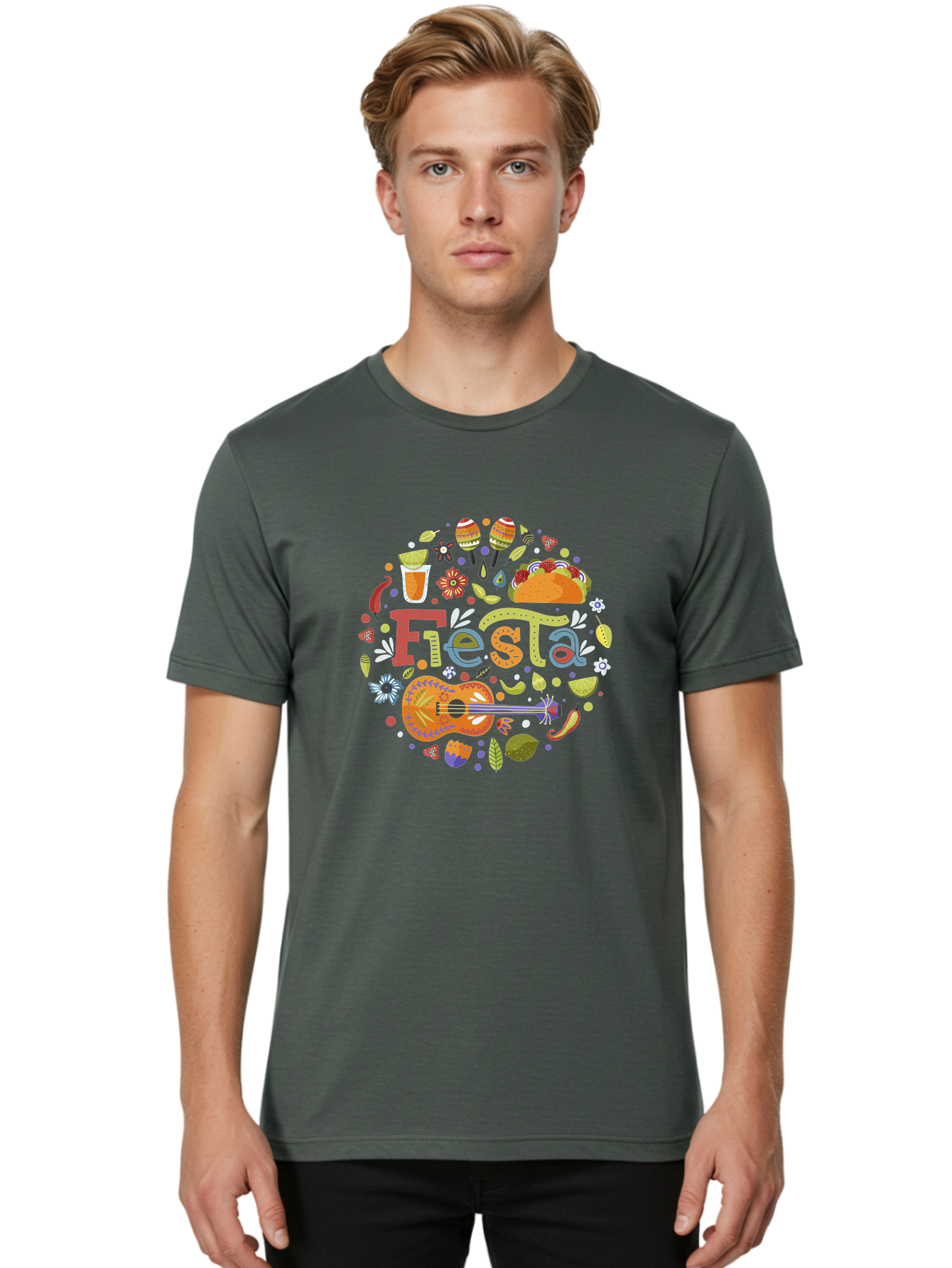 Festa Men'S Graphic Tee, 100% Cotton, Comfortable Casual Summer Wear, Machine Washable, Festival Vibes, Colorful Illustration, Mexican Food, Drinks, Flowers, Guitar, Maracas, Lively Celebration, Vibrant Colors, Festive Atmosphere, Party, -  Aaa242