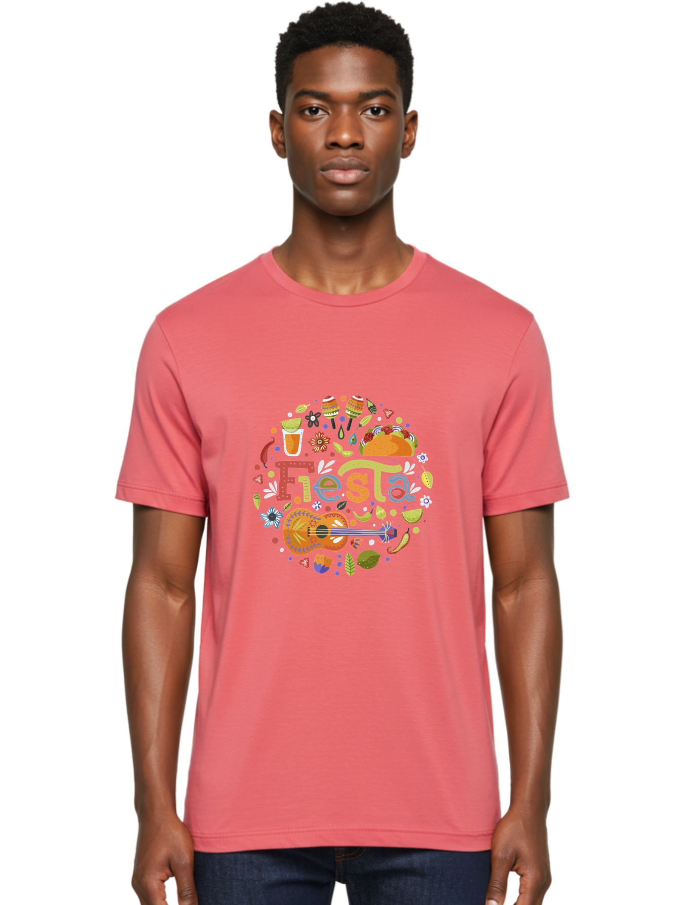 Festa Men'S Graphic Tee, 100% Cotton, Comfortable Casual Summer Wear, Machine Washable, Festival Vibes, Colorful Illustration, Mexican Food, Drinks, Flowers, Guitar, Maracas, Lively Celebration, Vibrant Colors, Festive Atmosphere, Party, -  Aaa242 10