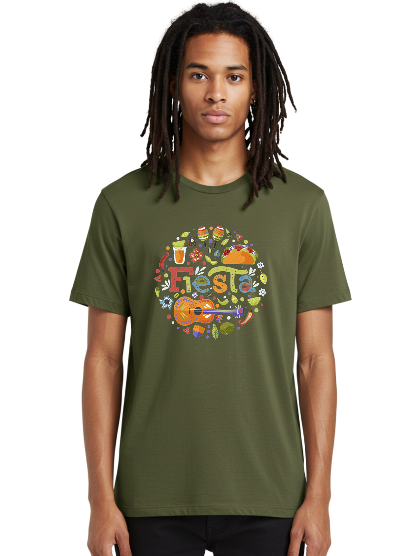 Festa Men'S Graphic Tee, 100% Cotton, Comfortable Casual Summer Wear, Machine Washable, Festival Vibes, Colorful Illustration, Mexican Food, Drinks, Flowers, Guitar, Maracas, Lively Celebration, Vibrant Colors, Festive Atmosphere, Party, -  Aaa242 30