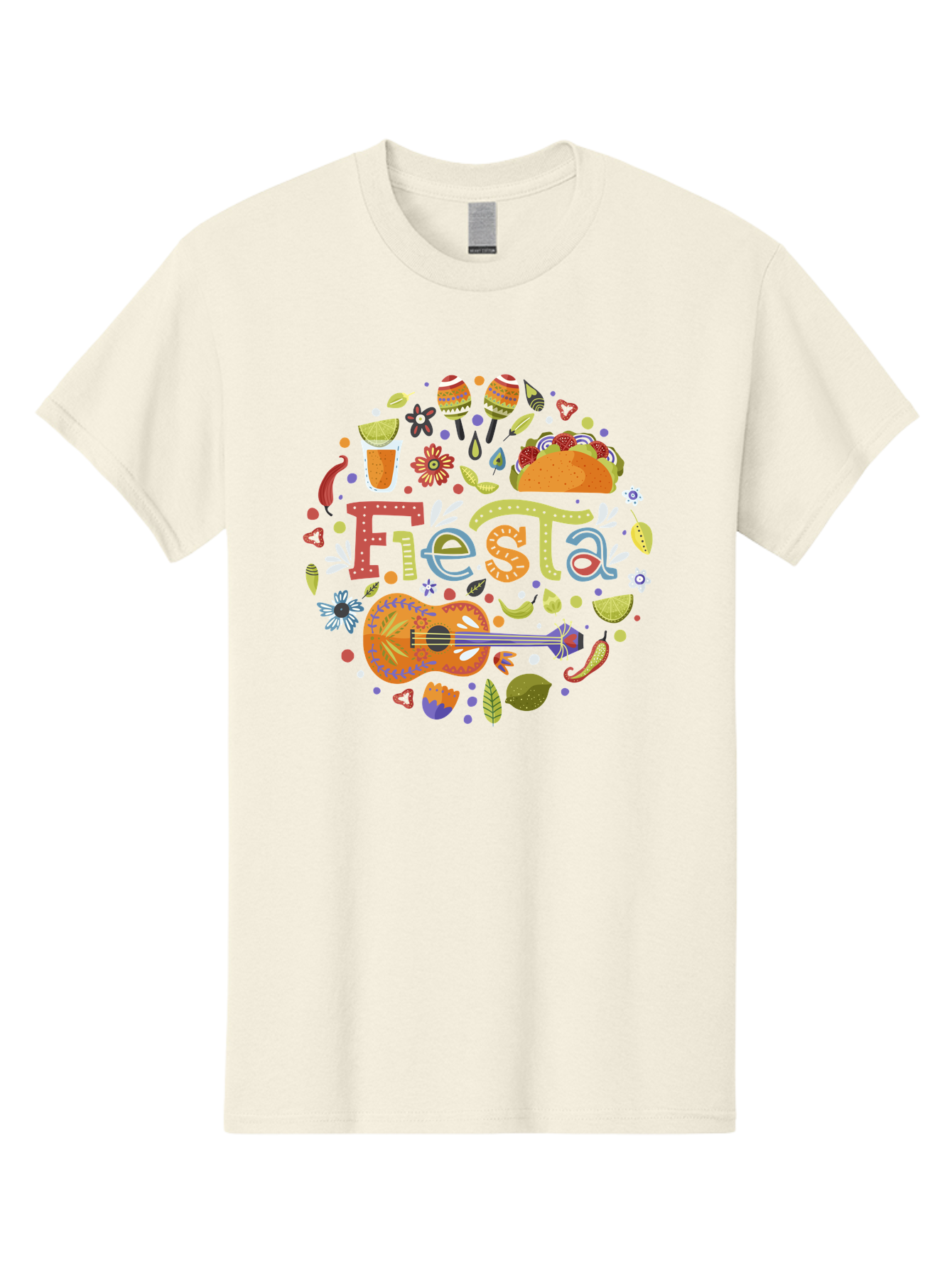 Festa Men'S Graphic Tee, 100% Cotton, Comfortable Casual Summer Wear, Machine Washable, Festival Vibes, Colorful Illustration, Mexican Food, Drinks, Flowers, Guitar, Maracas, Lively Celebration, Vibrant Colors, Festive Atmosphere, Party, -  Aaa242 13