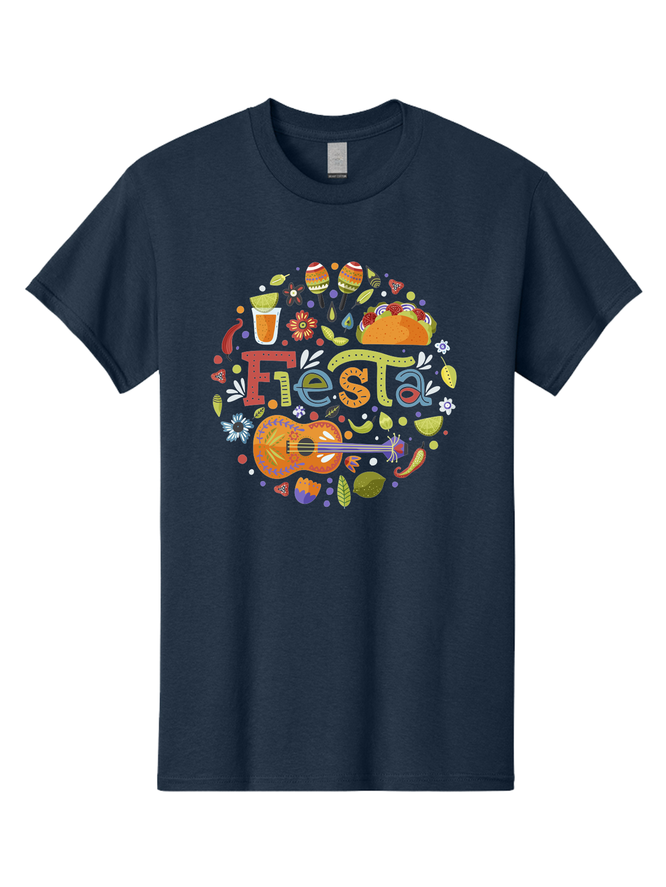 Festa Men'S Graphic Tee, 100% Cotton, Comfortable Casual Summer Wear, Machine Washable, Festival Vibes, Colorful Illustration, Mexican Food, Drinks, Flowers, Guitar, Maracas, Lively Celebration, Vibrant Colors, Festive Atmosphere, Party, -  Aaa242 3