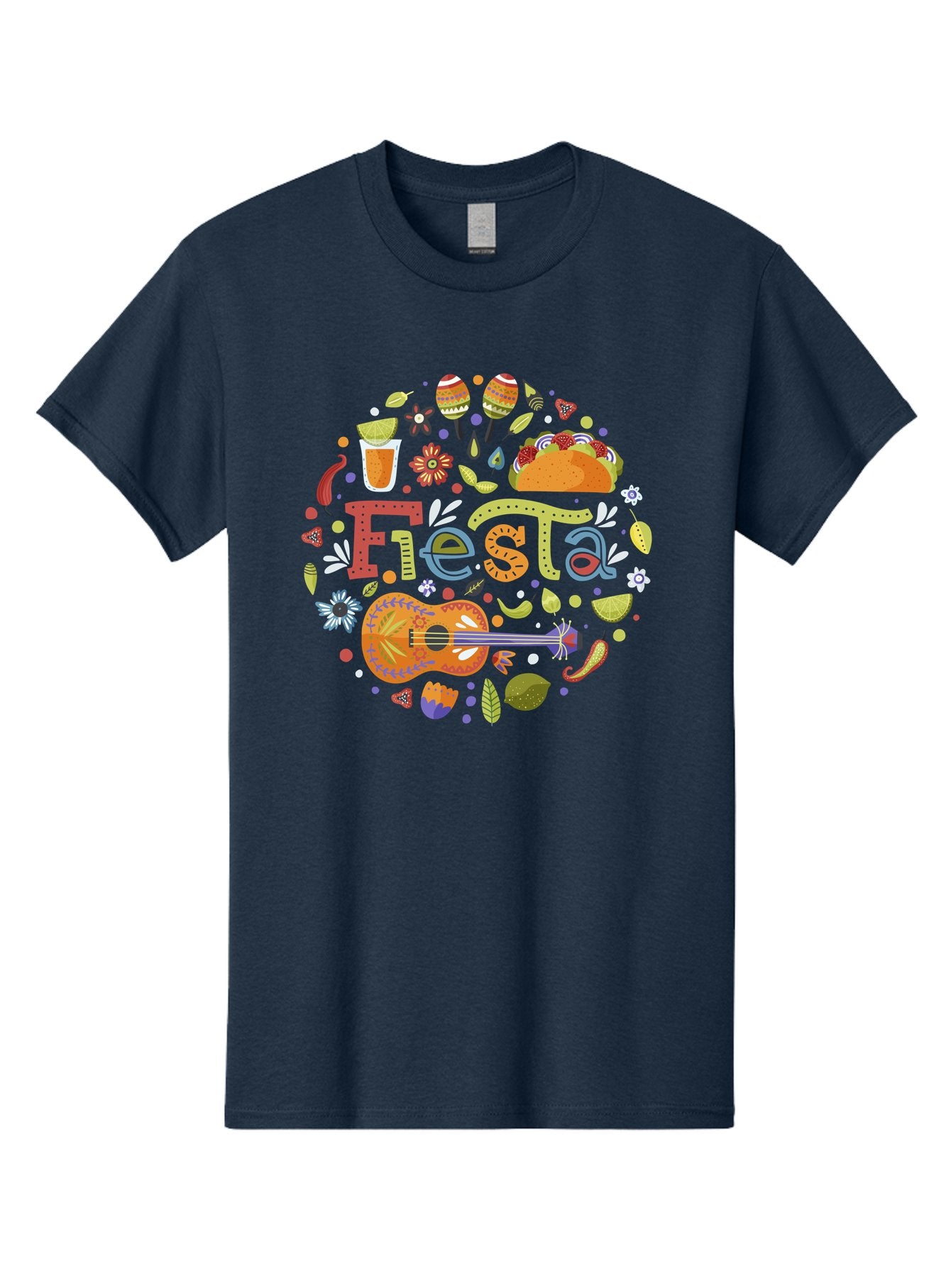 Festa Men'S Graphic Tee, 100% Cotton, Comfortable Casual Summer Wear, Machine Washable, Festival Vibes, Colorful Illustration, Mexican Food, Drinks, Flowers, Guitar, Maracas, Lively Celebration, Vibrant Colors, Festive Atmosphere, Party, -  Aaa242 21