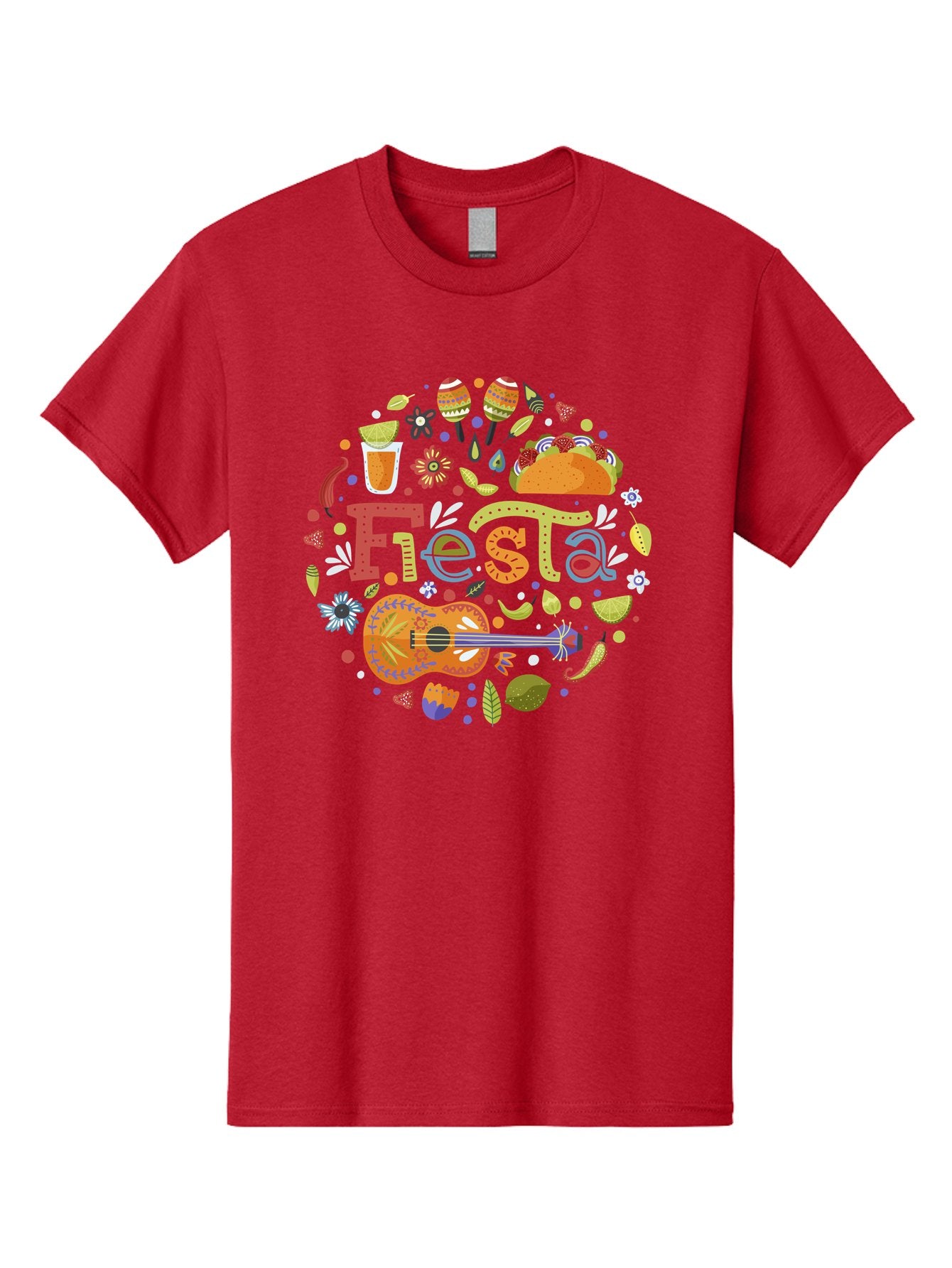 Festa Men'S Graphic Tee, 100% Cotton, Comfortable Casual Summer Wear, Machine Washable, Festival Vibes, Colorful Illustration, Mexican Food, Drinks, Flowers, Guitar, Maracas, Lively Celebration, Vibrant Colors, Festive Atmosphere, Party, -  Aaa242 15