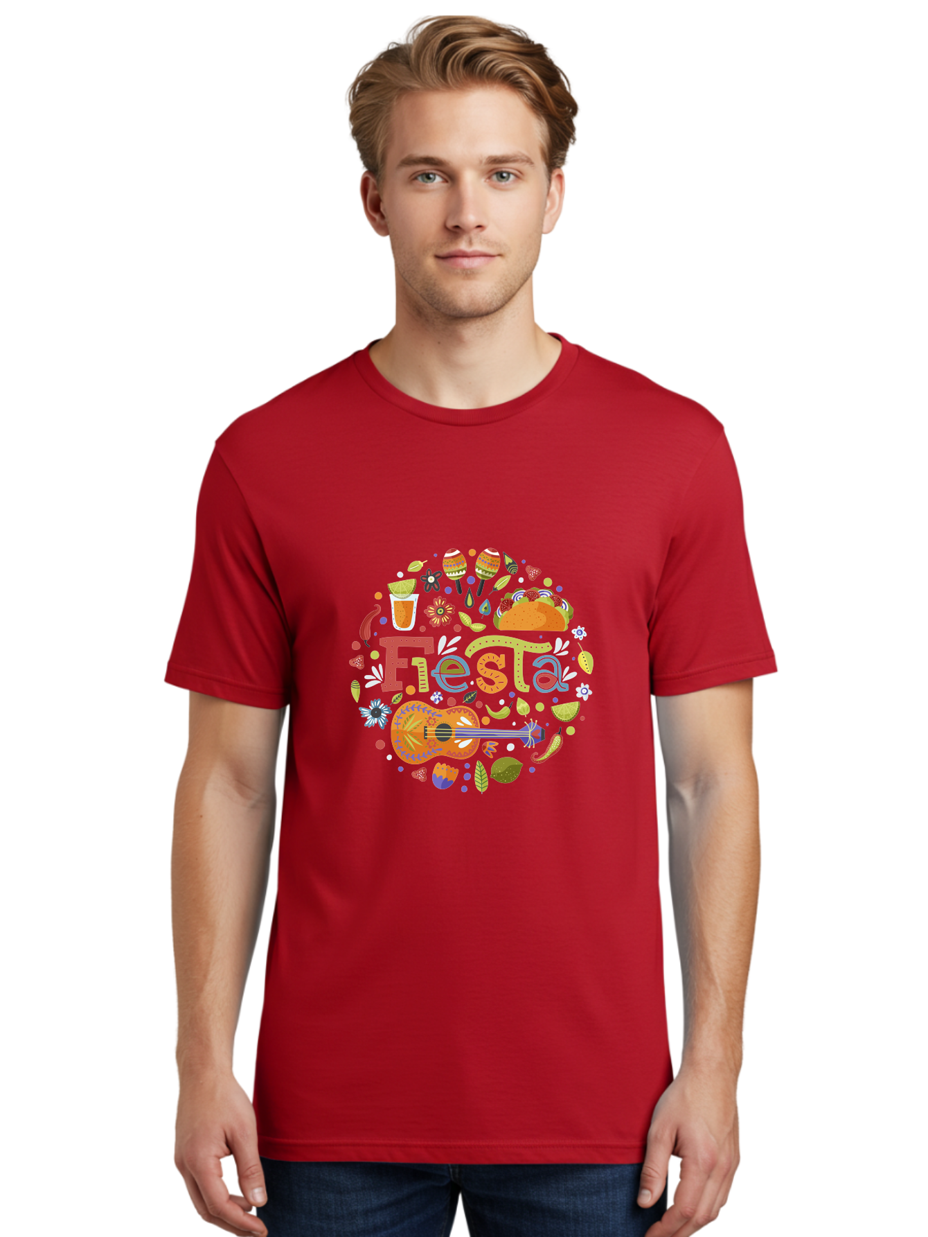 Festa Men'S Graphic Tee, 100% Cotton, Comfortable Casual Summer Wear, Machine Washable, Festival Vibes, Colorful Illustration, Mexican Food, Drinks, Flowers, Guitar, Maracas, Lively Celebration, Vibrant Colors, Festive Atmosphere, Party, -  Aaa242 12