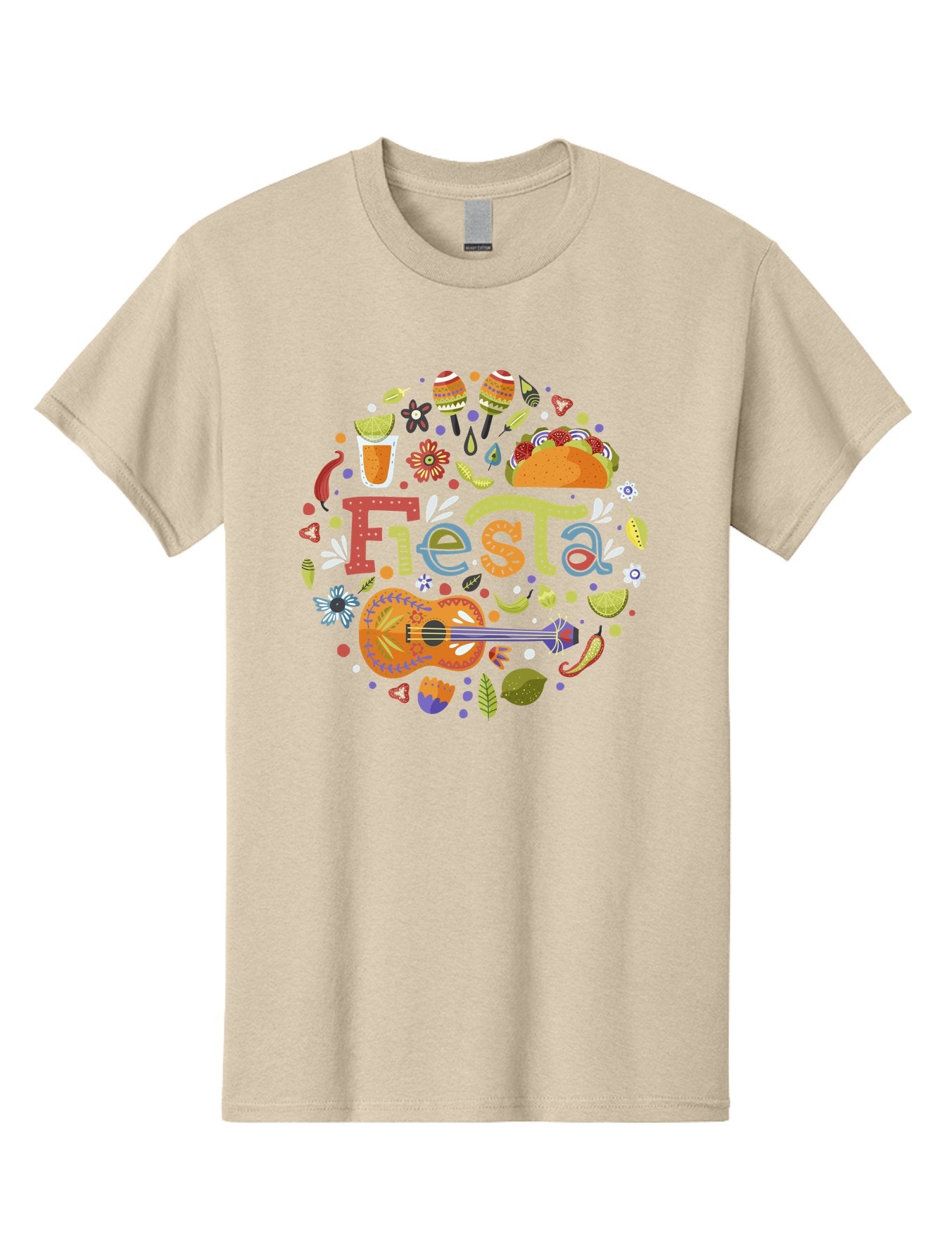 Festa Men'S Graphic Tee, 100% Cotton, Comfortable Casual Summer Wear, Machine Washable, Festival Vibes, Colorful Illustration, Mexican Food, Drinks, Flowers, Guitar, Maracas, Lively Celebration, Vibrant Colors, Festive Atmosphere, Party, -  Aaa242 19