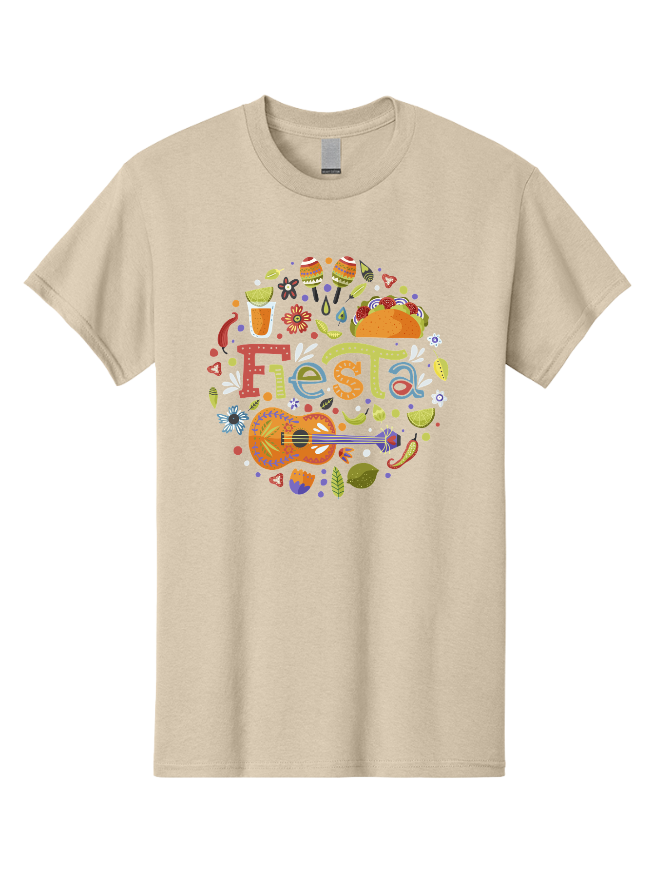 Festa Men'S Graphic Tee, 100% Cotton, Comfortable Casual Summer Wear, Machine Washable, Festival Vibes, Colorful Illustration, Mexican Food, Drinks, Flowers, Guitar, Maracas, Lively Celebration, Vibrant Colors, Festive Atmosphere, Party, -  Aaa242 21
