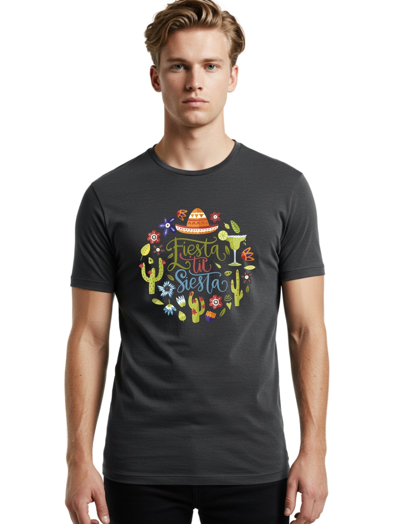 Fiesta-Till-Siesta Men'S Graphic Tee, 100% Cotton, Comfortable Casual Summer Wear, Machine Washable, Fiesta, Siesta, Colorful Flowers, Cacti, Sombrero, Margarita Glass, Margarita, Party, Celebration, Mexican Culture, Vibrant Colors, -  Aaa247 24