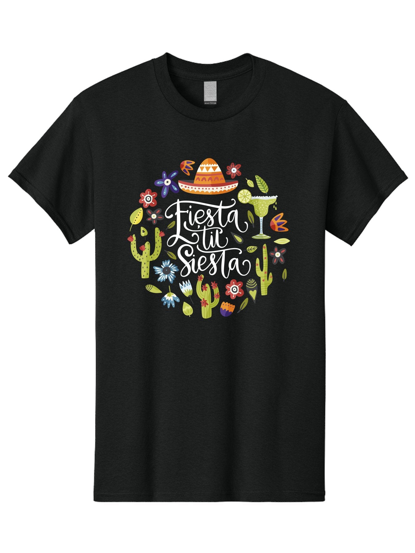 Fiesta-Tu-Siesta Men'S Graphic Tee, 100% Cotton, Comfortable Casual Summer Wear, Machine Washable, Fiesta Theme, Mexican Vacation, Margarita Cocktail, Sombrero Hat, Cacti Flowers, Colorful Decor, Party Celebration, Latino Culture, -  Aaa248
