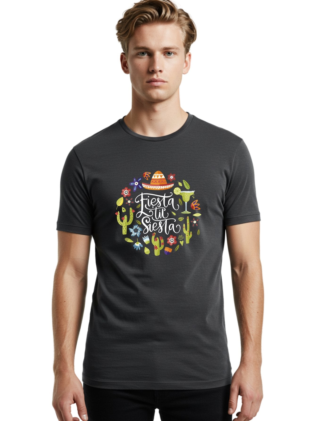 Fiesta-Tu-Siesta Men'S Graphic Tee, 100% Cotton, Comfortable Casual Summer Wear, Machine Washable, Fiesta Theme, Mexican Vacation, Margarita Cocktail, Sombrero Hat, Cacti Flowers, Colorful Decor, Party Celebration, Latino Culture, -  Aaa248 14