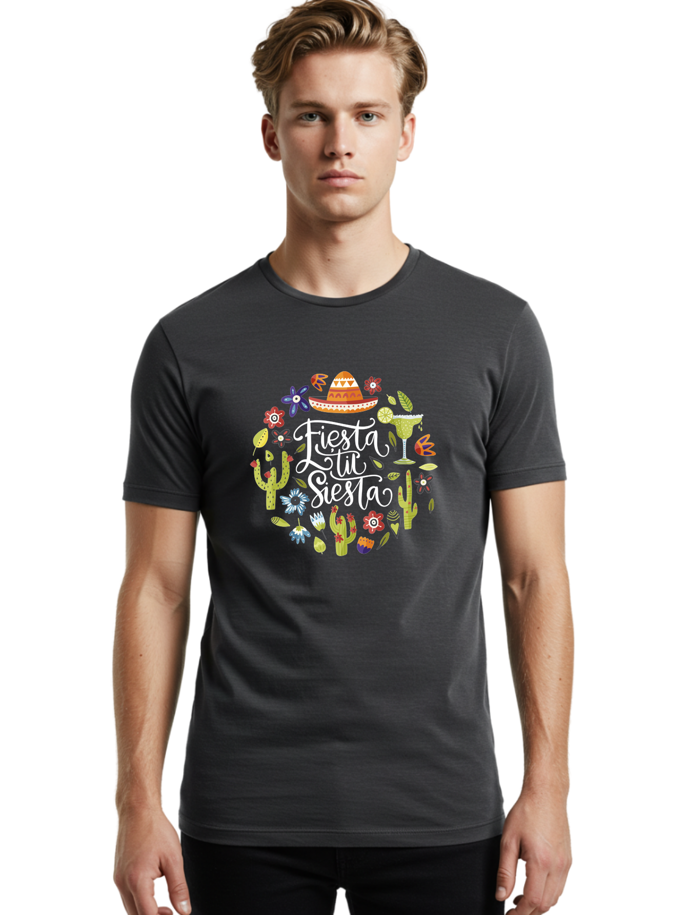 Fiesta-Tu-Siesta Men'S Graphic Tee, 100% Cotton, Comfortable Casual Summer Wear, Machine Washable, Fiesta Theme, Mexican Vacation, Margarita Cocktail, Sombrero Hat, Cacti Flowers, Colorful Decor, Party Celebration, Latino Culture, -  Aaa248 18
