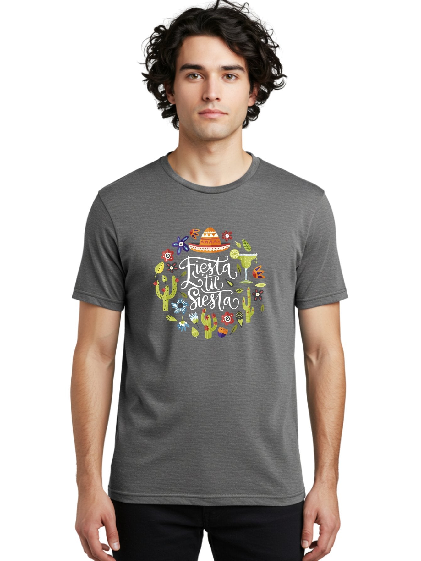 Fiesta-Tu-Siesta Men'S Graphic Tee, 100% Cotton, Comfortable Casual Summer Wear, Machine Washable, Fiesta Theme, Mexican Vacation, Margarita Cocktail, Sombrero Hat, Cacti Flowers, Colorful Decor, Party Celebration, Latino Culture, -  Aaa248 20