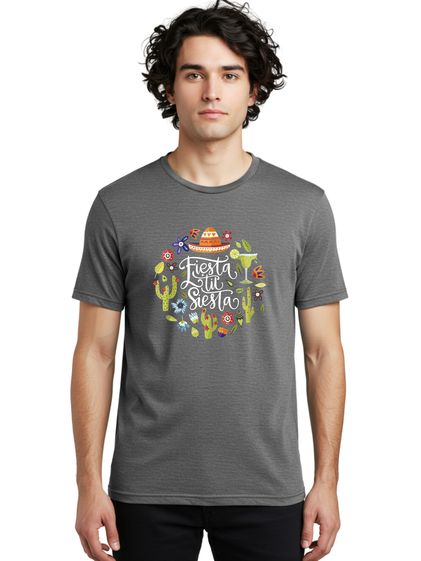 Fiesta-Tu-Siesta Men'S Graphic Tee, 100% Cotton, Comfortable Casual Summer Wear, Machine Washable, Fiesta Theme, Mexican Vacation, Margarita Cocktail, Sombrero Hat, Cacti Flowers, Colorful Decor, Party Celebration, Latino Culture, -  Aaa248 12