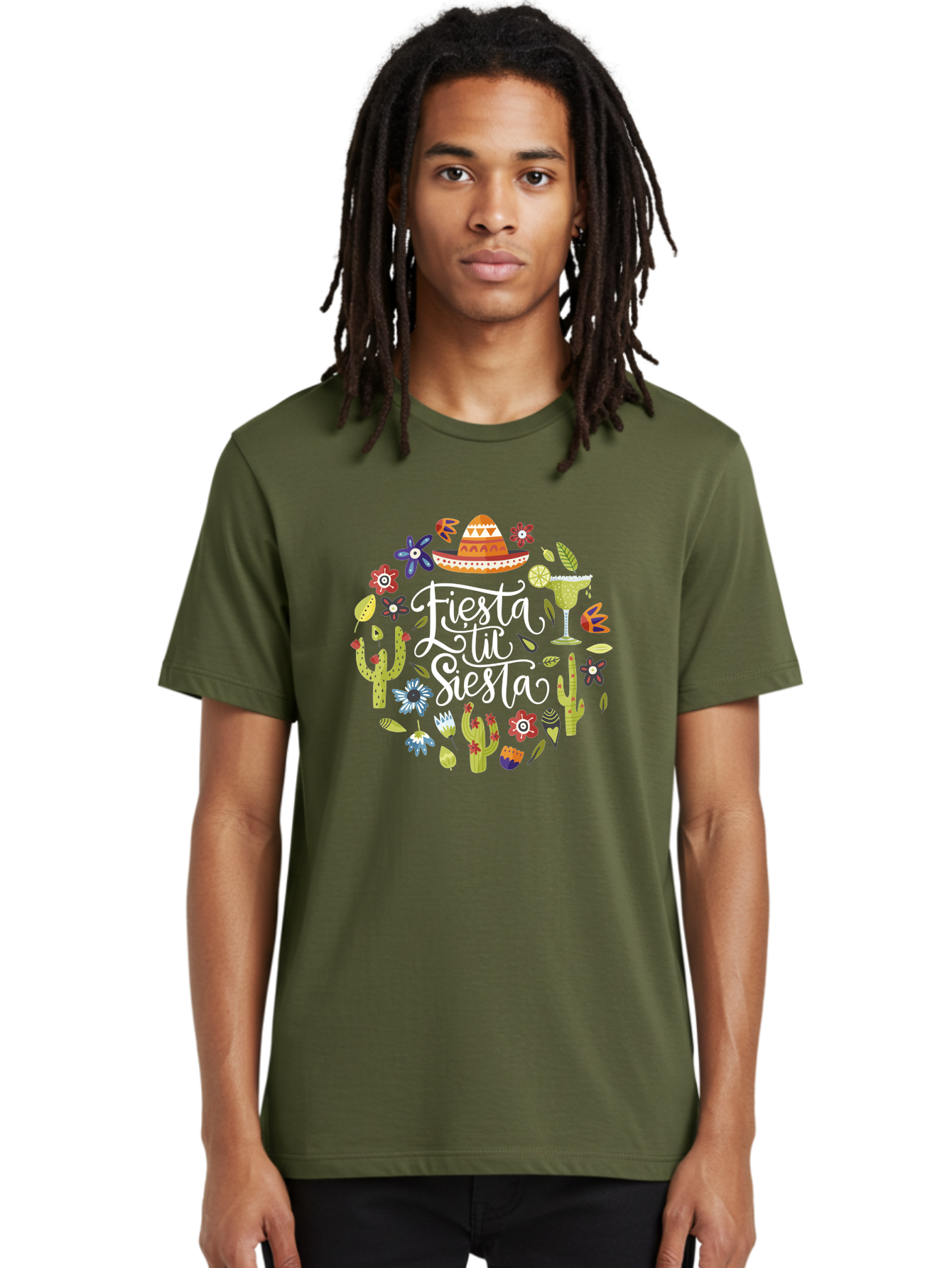 Fiesta-Tu-Siesta Men'S Graphic Tee, 100% Cotton, Comfortable Casual Summer Wear, Machine Washable, Fiesta Theme, Mexican Vacation, Margarita Cocktail, Sombrero Hat, Cacti Flowers, Colorful Decor, Party Celebration, Latino Culture, -  Aaa248 6