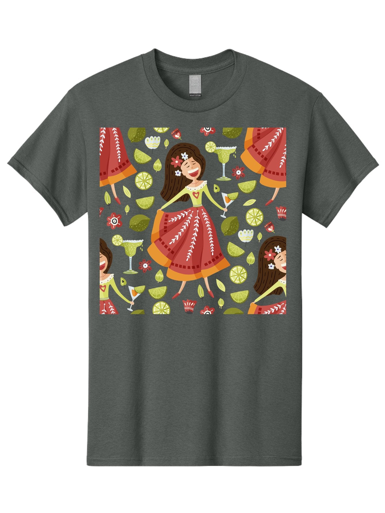 Hula-Girl Men'S Graphic Tee, 100% Cotton, Comfortable Casual Summer Wear, Machine Washable, Hula Girl, Hawaiian Dance, Margarita Cocktails, Citrus Fruits, Floral Patterns, Tropical Leaves, Dancing Woman, Festive Atmosphere, Joyful Moments, -  Aaa255