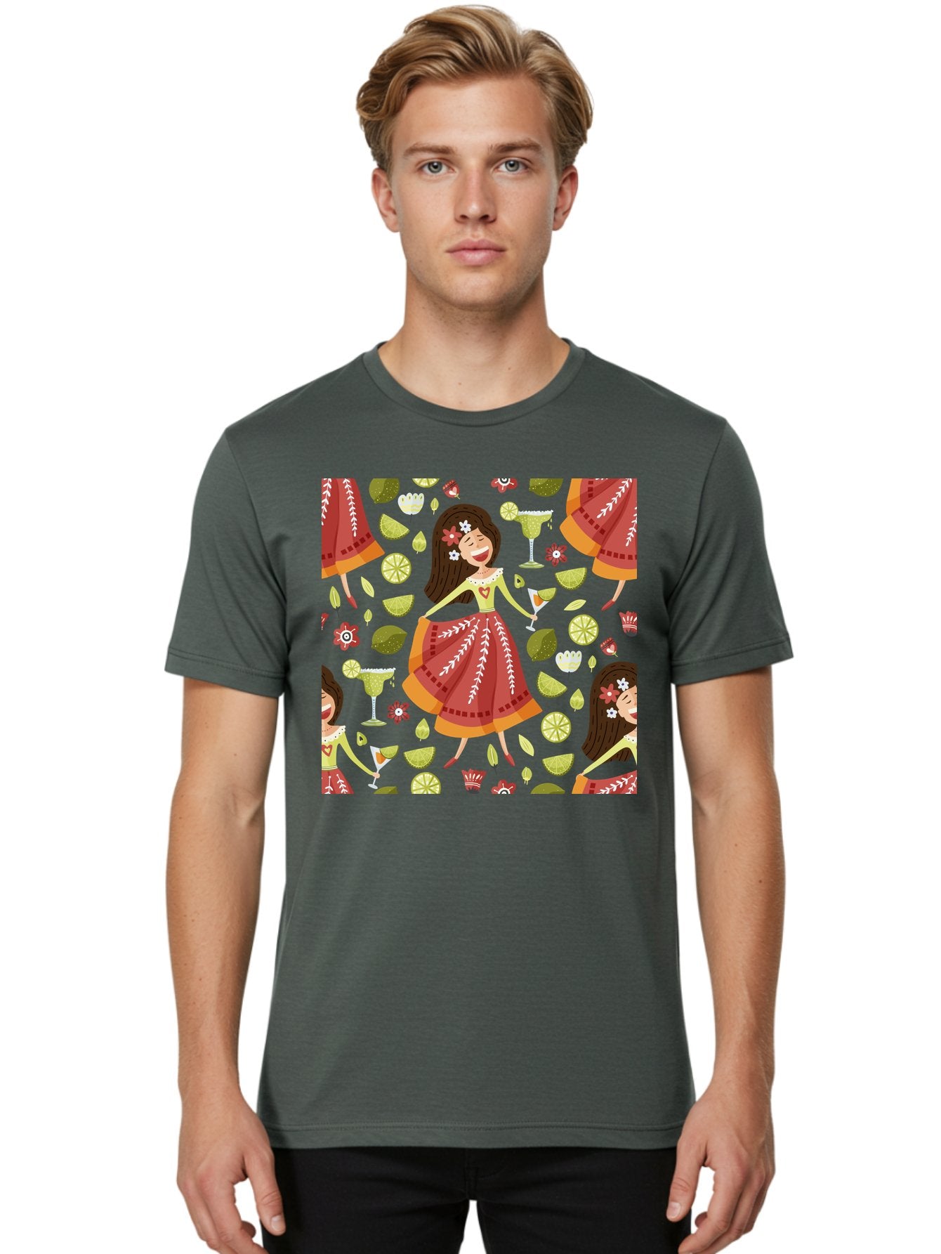 Hula-Girl Men'S Graphic Tee, 100% Cotton, Comfortable Casual Summer Wear, Machine Washable, Hula Girl, Hawaiian Dance, Margarita Cocktails, Citrus Fruits, Floral Patterns, Tropical Leaves, Dancing Woman, Festive Atmosphere, Joyful Moments, -  Aaa255
