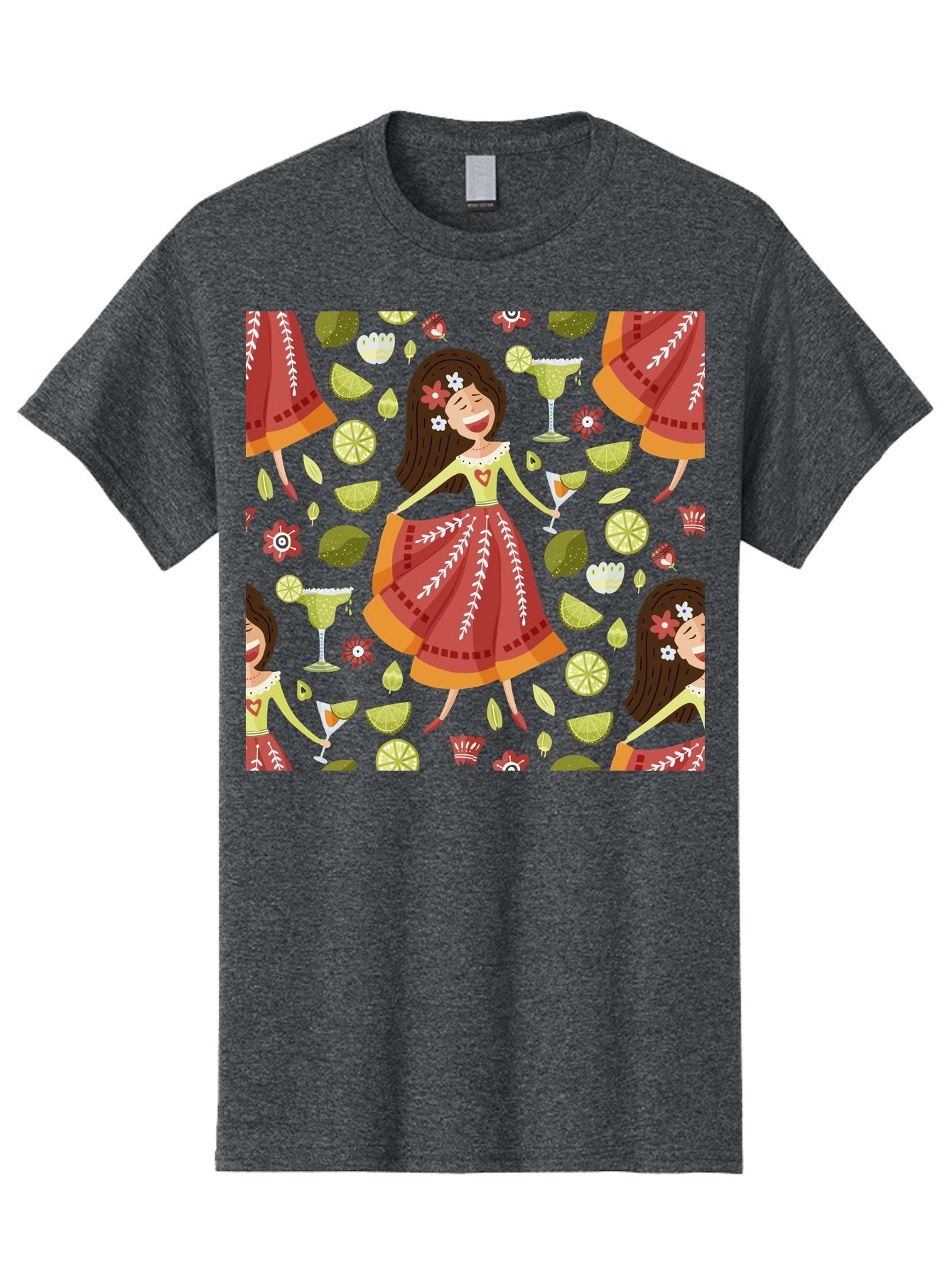 Hula-Girl Men'S Graphic Tee, 100% Cotton, Comfortable Casual Summer Wear, Machine Washable, Hula Girl, Hawaiian Dance, Margarita Cocktails, Citrus Fruits, Floral Patterns, Tropical Leaves, Dancing Woman, Festive Atmosphere, Joyful Moments, -  Aaa255 21