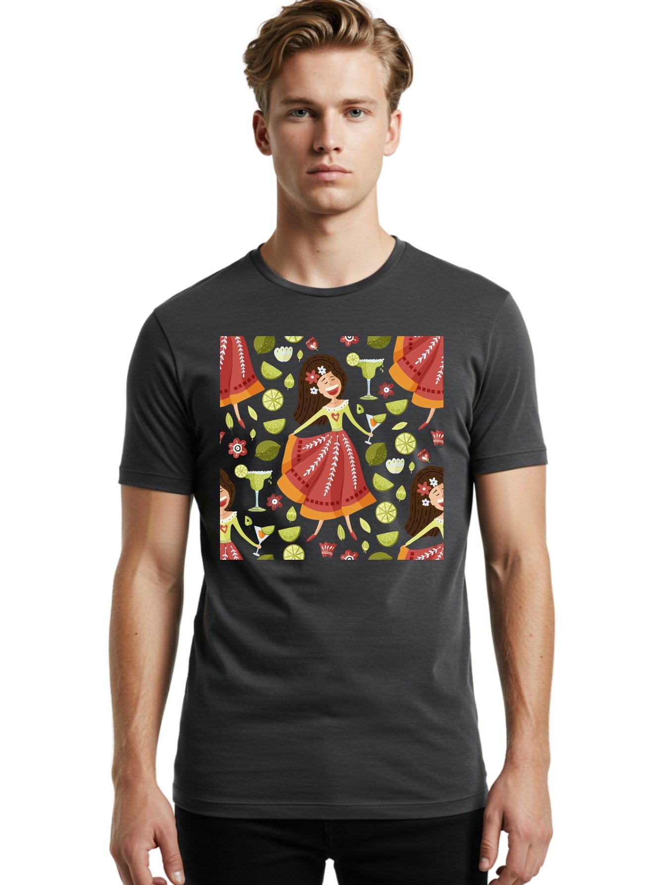 Hula-Girl Men'S Graphic Tee, 100% Cotton, Comfortable Casual Summer Wear, Machine Washable, Hula Girl, Hawaiian Dance, Margarita Cocktails, Citrus Fruits, Floral Patterns, Tropical Leaves, Dancing Woman, Festive Atmosphere, Joyful Moments, -  Aaa255 22